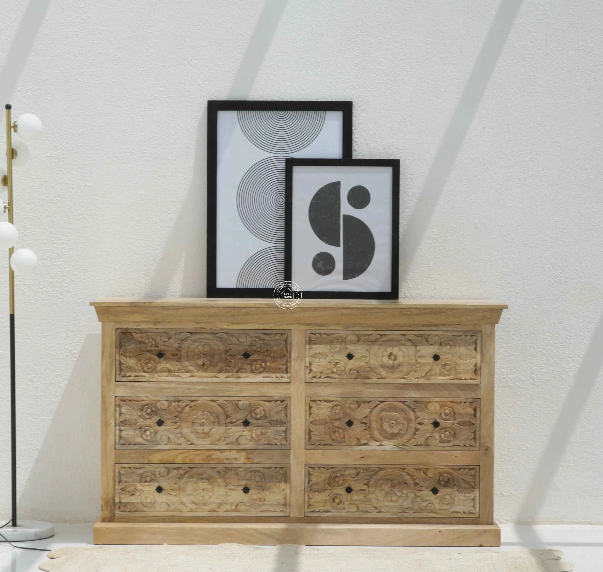 Clarita Wooden Carved Chest of Drawers – Solid Mango Wood, Natural Finish | Opelhome UAE