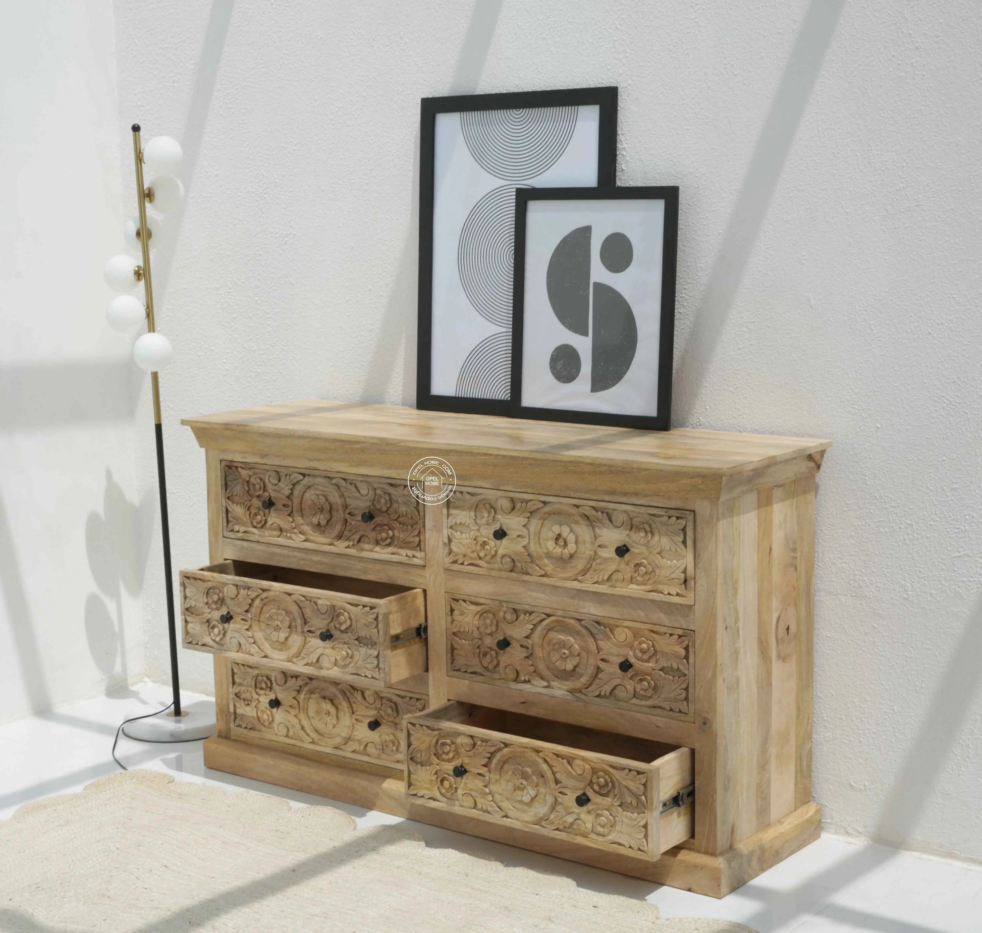 Clarita Wooden Carved Chest of Drawers – Solid Mango Wood, Natural Finish | Opelhome UAE