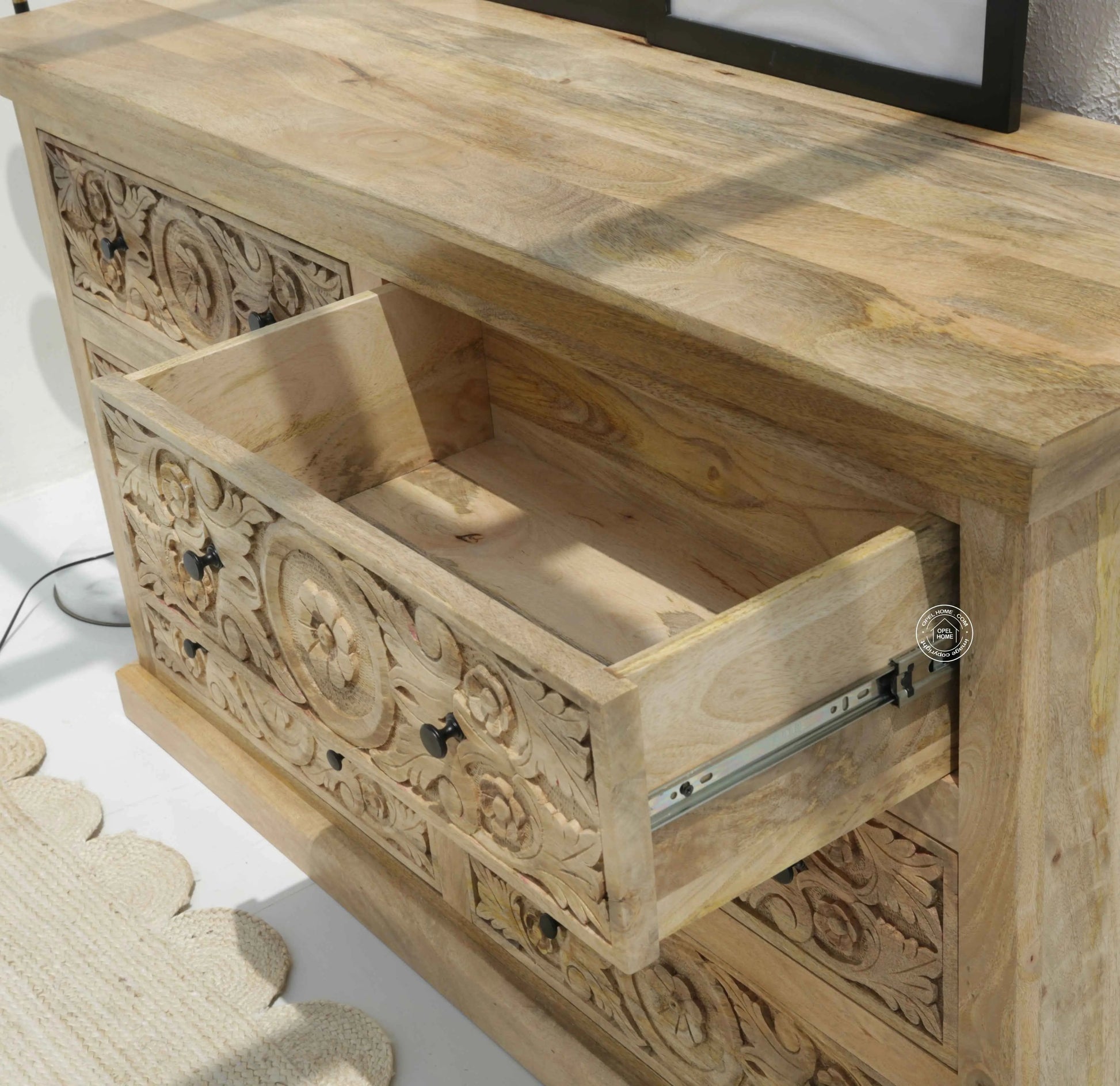 Clarita Wooden Carved Chest of Drawers – Solid Mango Wood, Natural Finish | Opelhome UAE