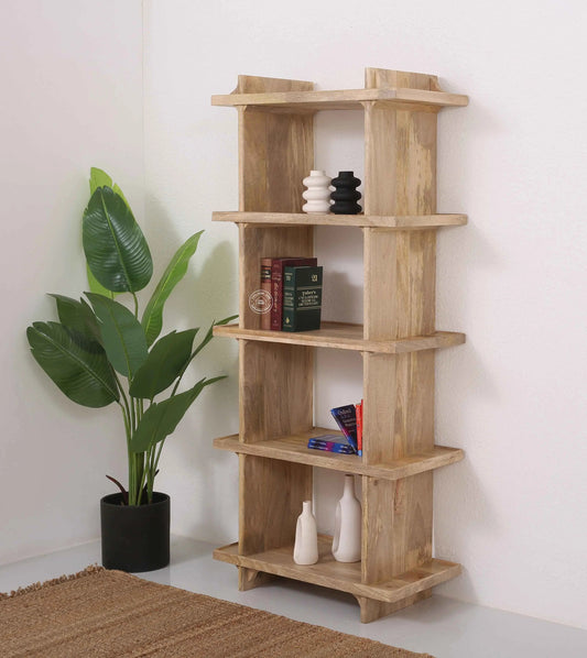 Classic Wooden Book Shelves – Solid Mango Wood, Natural Finish, Tall Storage | Opelhome UAE