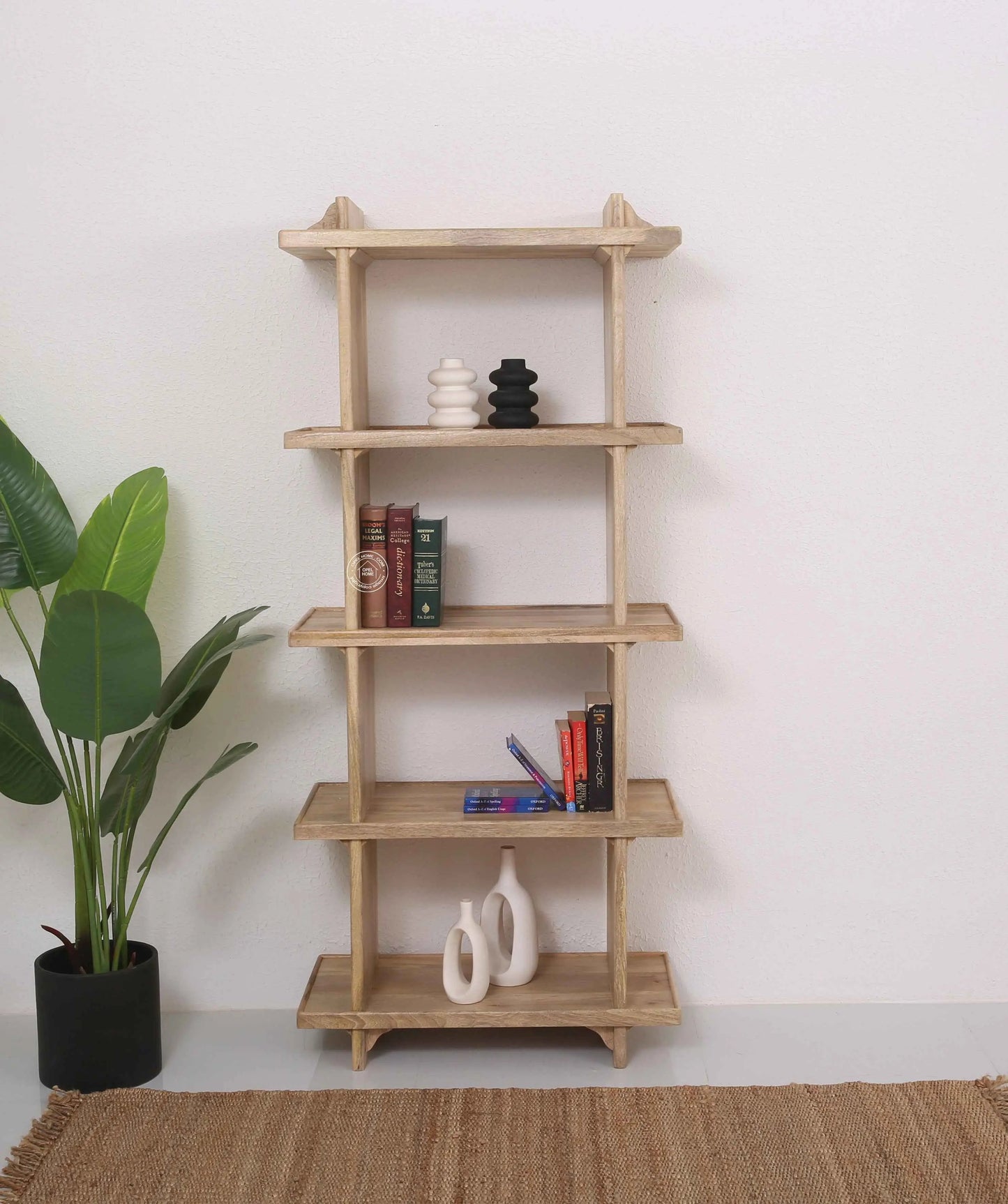 Classic Wooden Book Shelves – Solid Mango Wood, Natural Finish, Tall Storage | Opelhome UAE