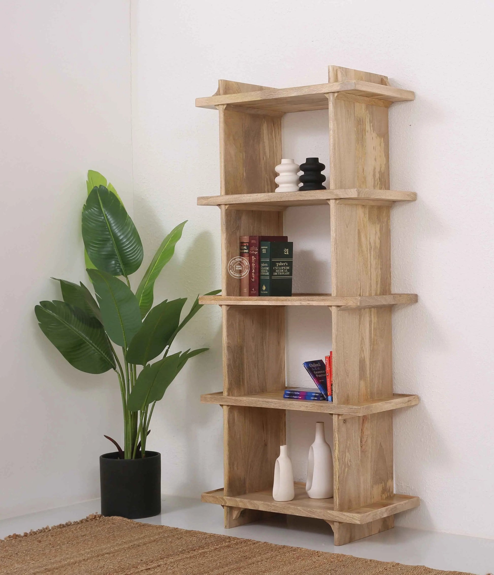 Classic Wooden Book Shelves – Solid Mango Wood, Natural Finish, Tall Storage | Opelhome UAE