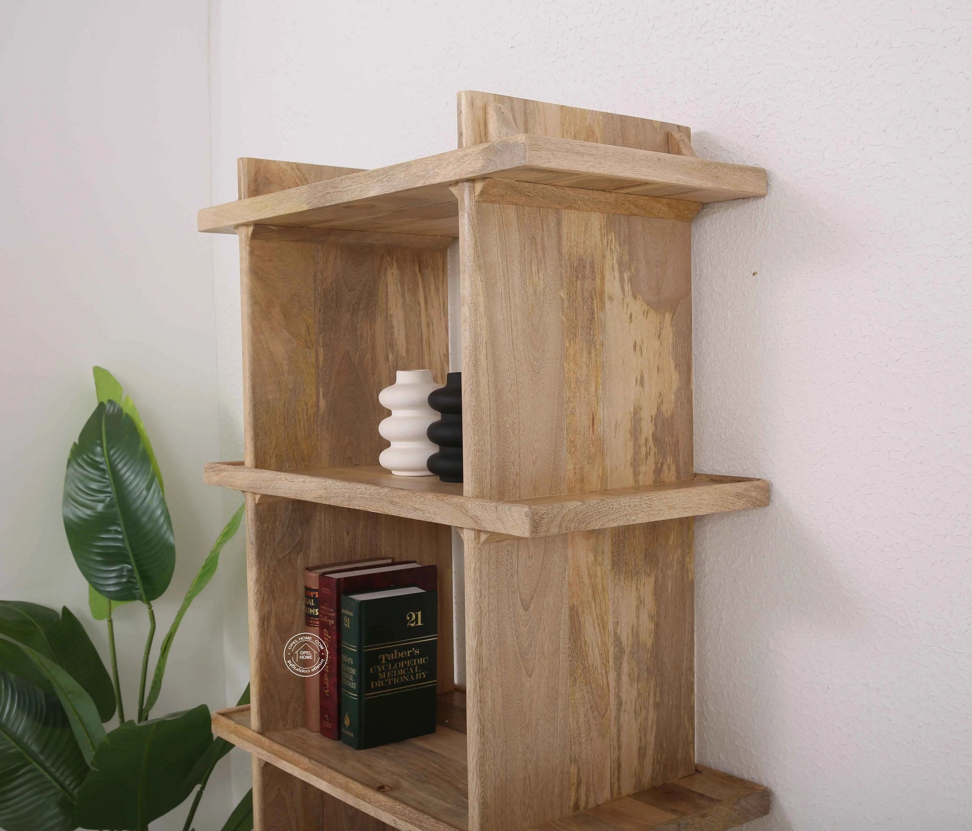 Classic Wooden Book Shelves – Solid Mango Wood, Natural Finish, Tall Storage | Opelhome UAE