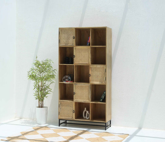 Clever Wooden Rattan Bookcase – Solid Wood, 200 cm, Natural Finish | Opelhome UAE