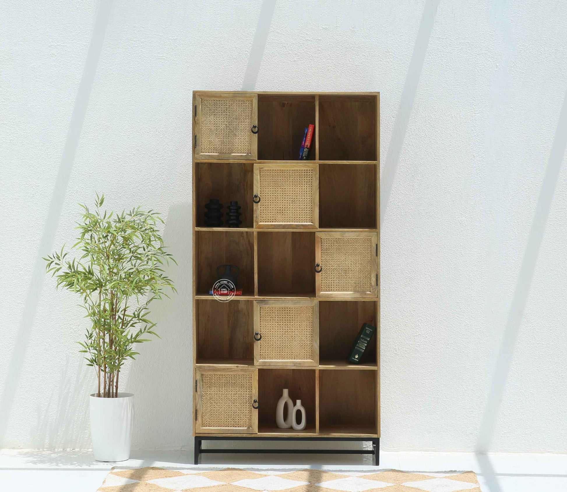 Clever Wooden Rattan Bookcase – Solid Wood, 200 cm, Natural Finish | Opelhome UAE