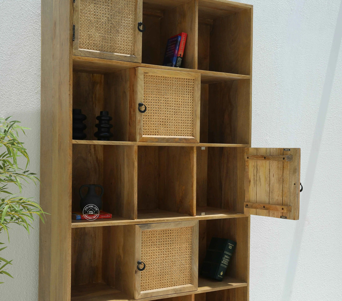Clever Wooden Rattan Bookcase – Solid Wood, 200 cm, Natural Finish | Opelhome UAE