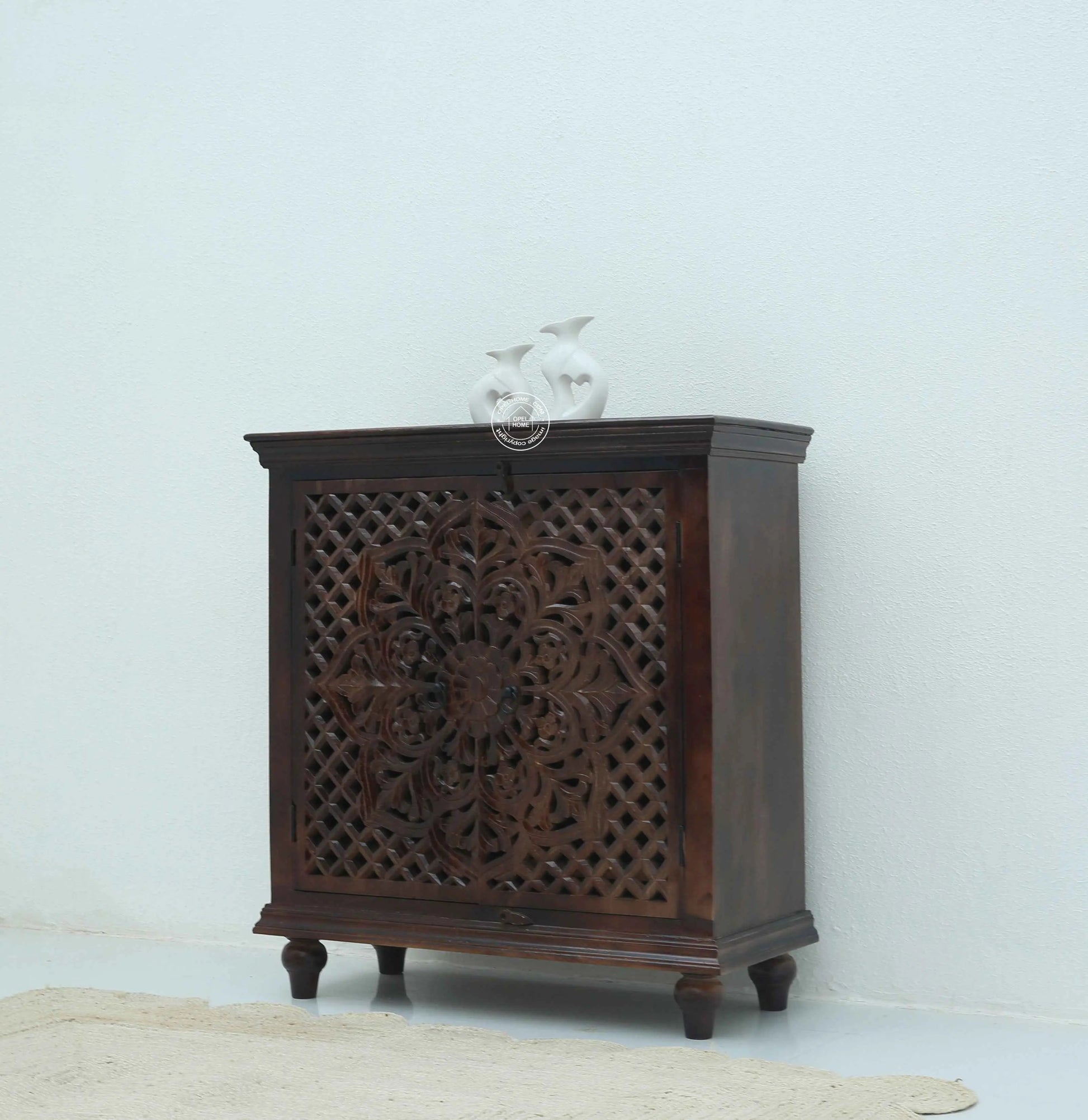 Crevan Wooden 2 Door Carved Shoe Rack