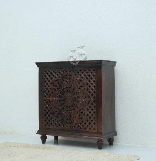 Crevan Wooden 2 Door Carved Shoe Rack