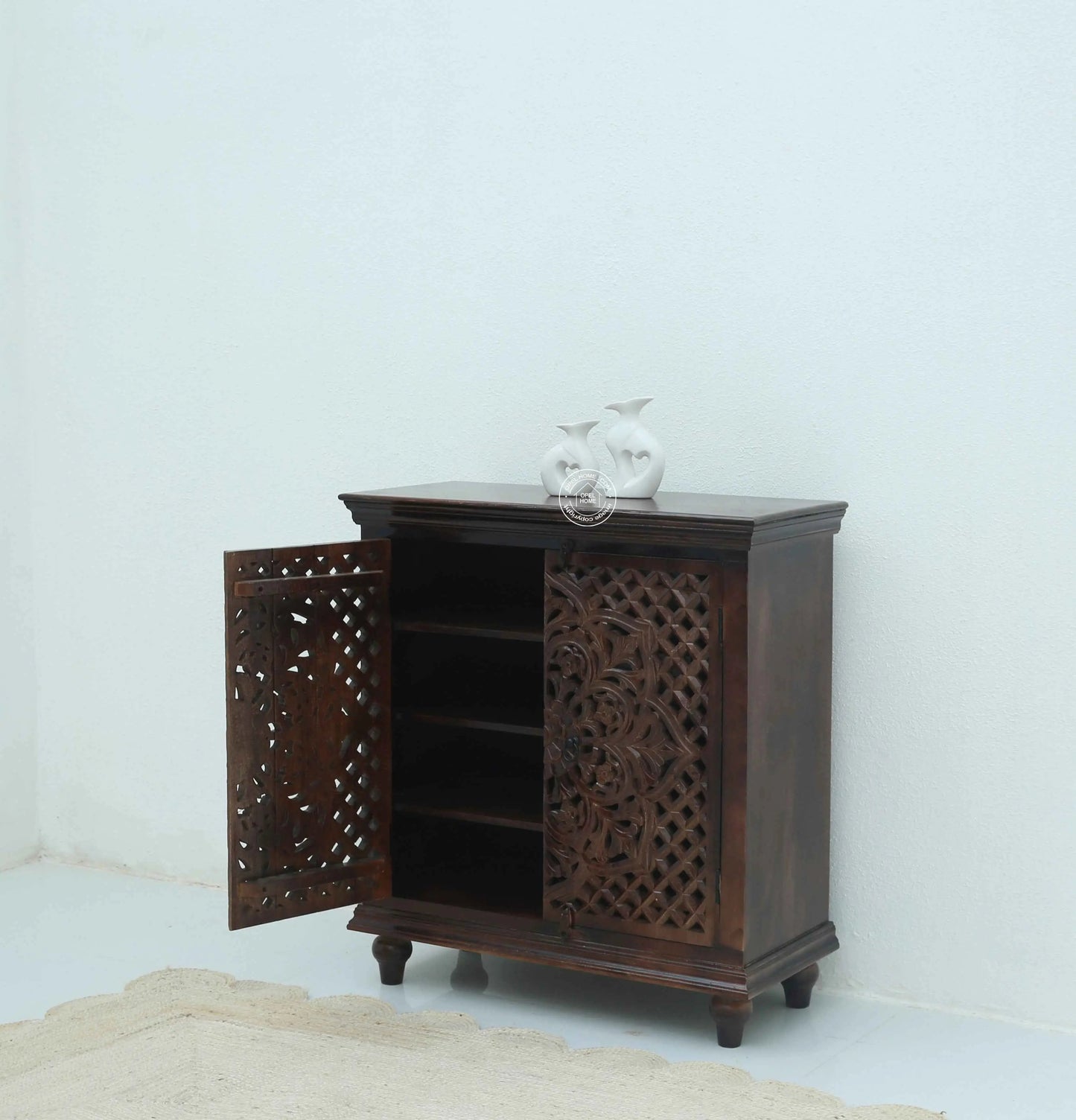 Crevan Wooden 2 Door Carved Shoe Rack