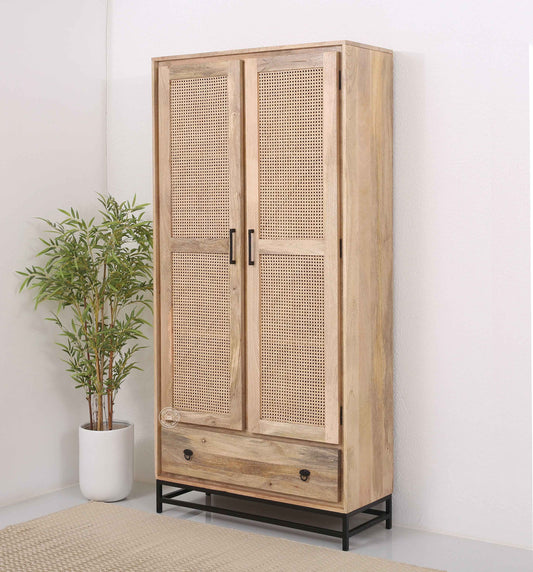 Curly Rattan Closet – 1 Drawer, Solid Mango Wood, Natural Finish, Tall Storage | Opelhome UAE