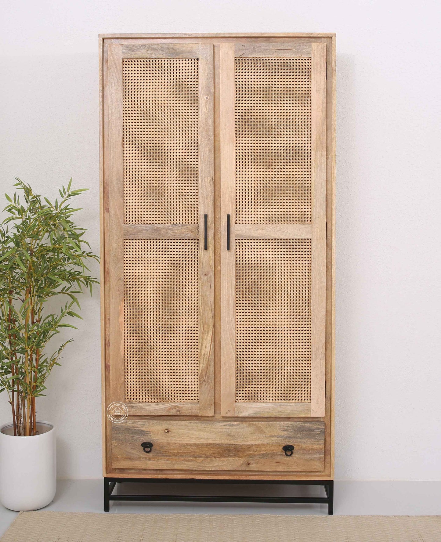 Curly Rattan Closet – 1 Drawer, Solid Mango Wood, Natural Finish, Tall Storage | Opelhome UAE