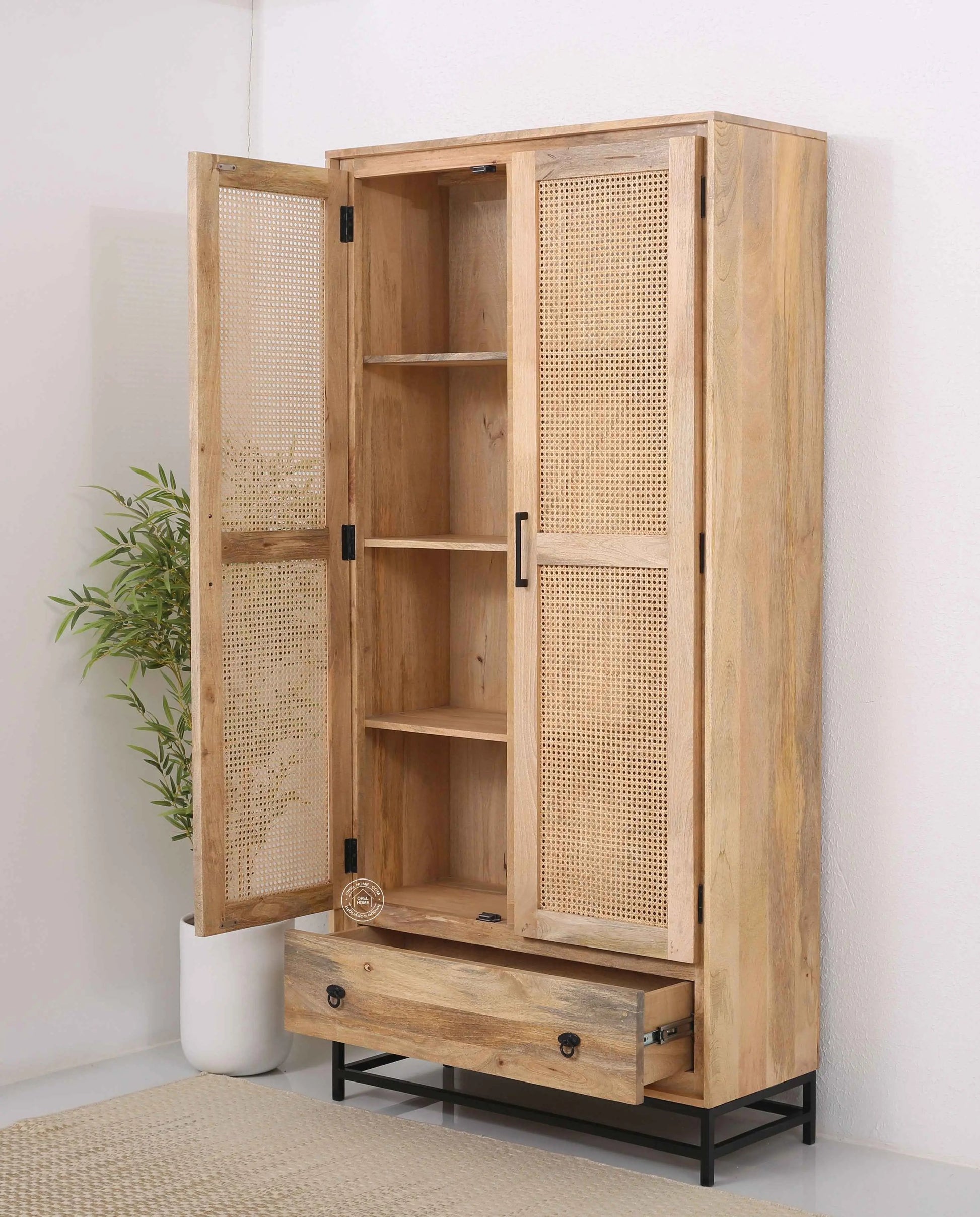 Curly Rattan Closet – 1 Drawer, Solid Mango Wood, Natural Finish, Tall Storage | Opelhome UAE
