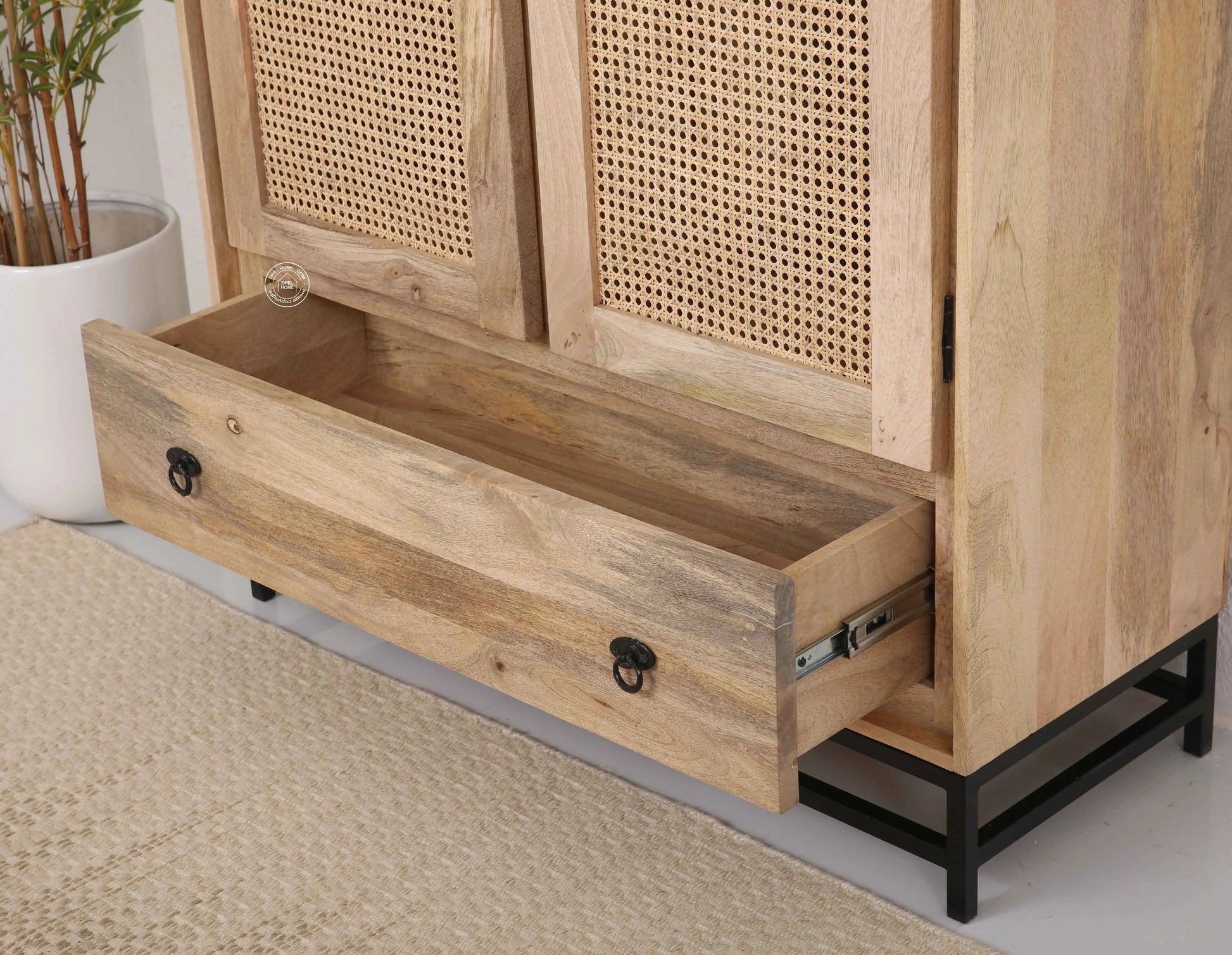 Curly Rattan Closet – 1 Drawer, Solid Mango Wood, Natural Finish, Tall Storage | Opelhome UAE