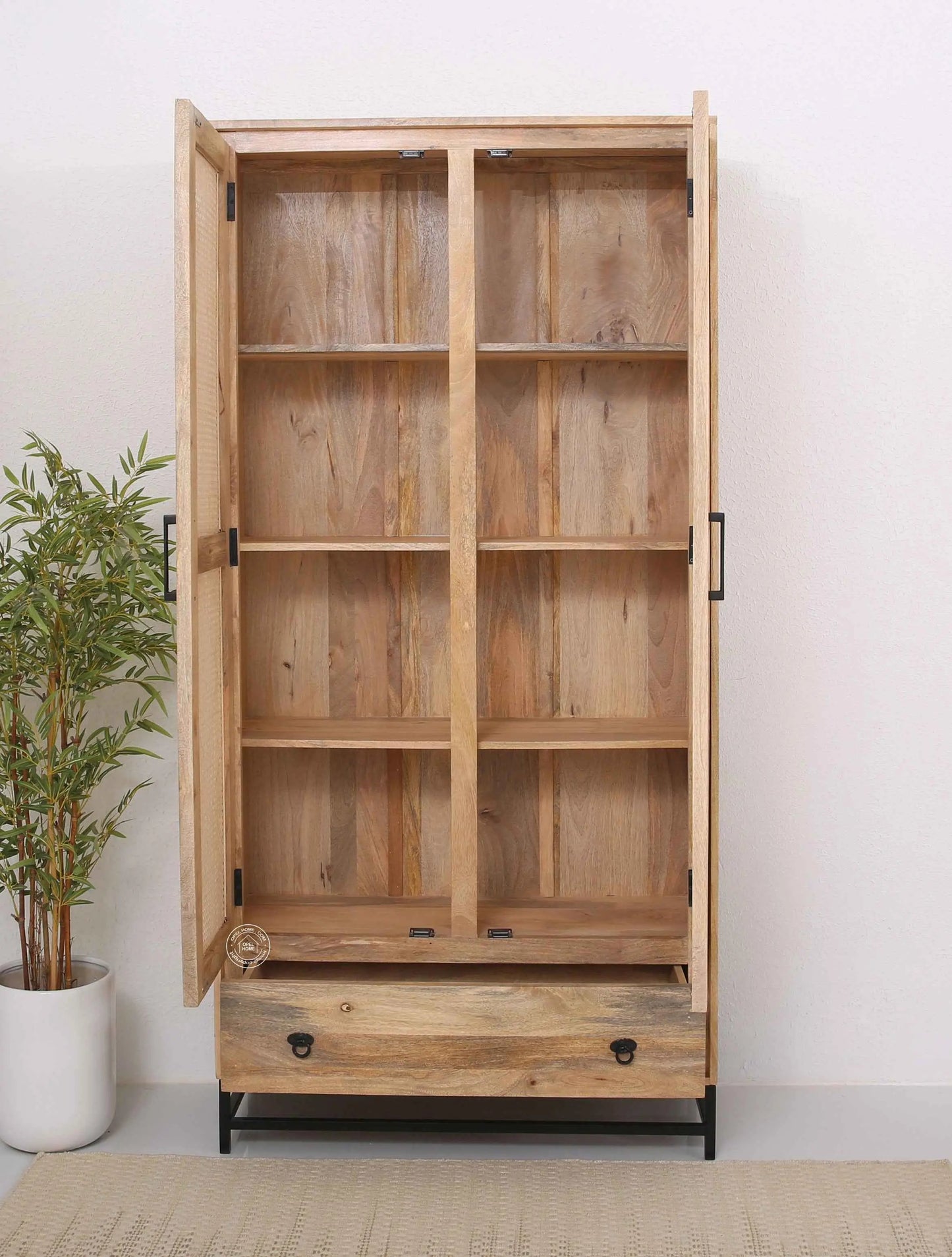 Curly Rattan Closet – 1 Drawer, Solid Mango Wood, Natural Finish, Tall Storage | Opelhome UAE