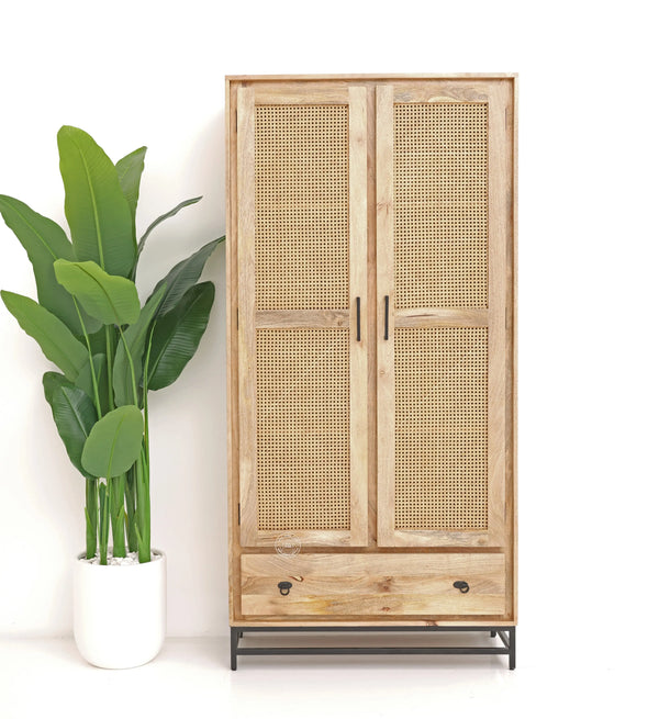 Curly Rattan Closet – 1 Drawer, Solid Mango Wood, Natural Finish, Tall Storage | Opelhome UAE Opel Home
