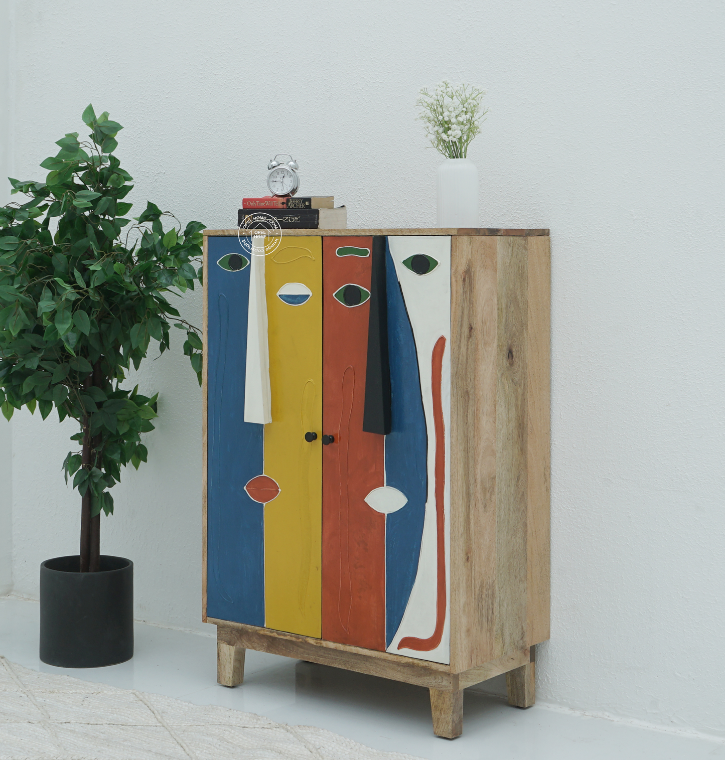 Zahra Wooden Cabinet – 2 Doors, Hand-Painted Design, Solid Mango Wood | Opelhome UAE