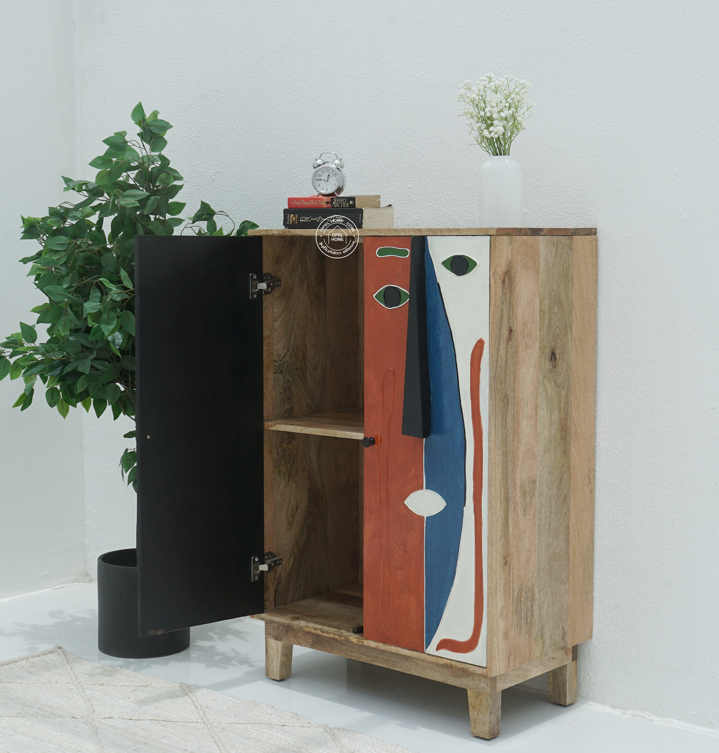 Zahra Wooden Cabinet – 2 Doors, Hand-Painted Design, Solid Mango Wood | Opelhome UAE