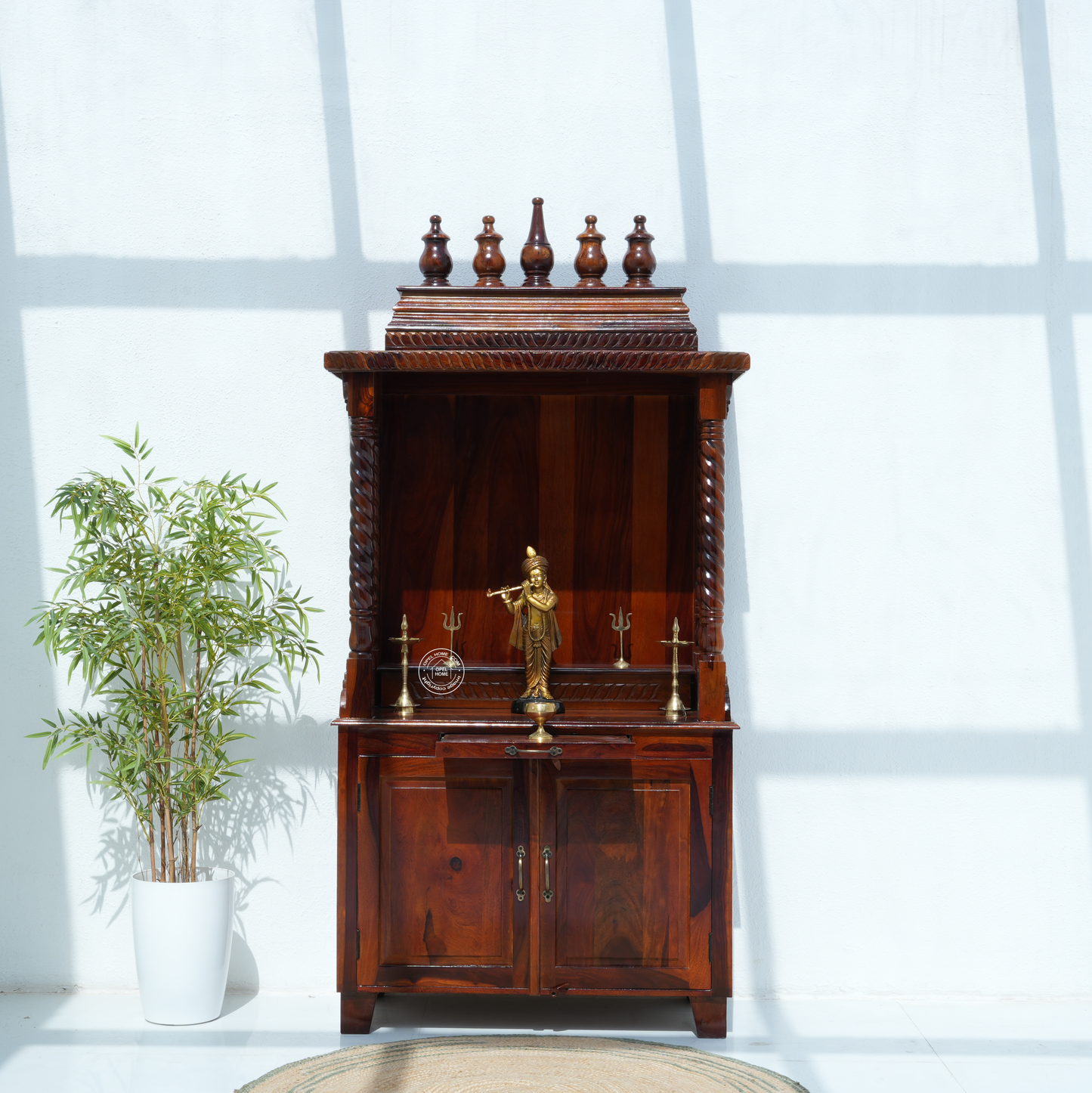 Grand Rose Wood Pooja Temple with 2 Doors | Honey Finish