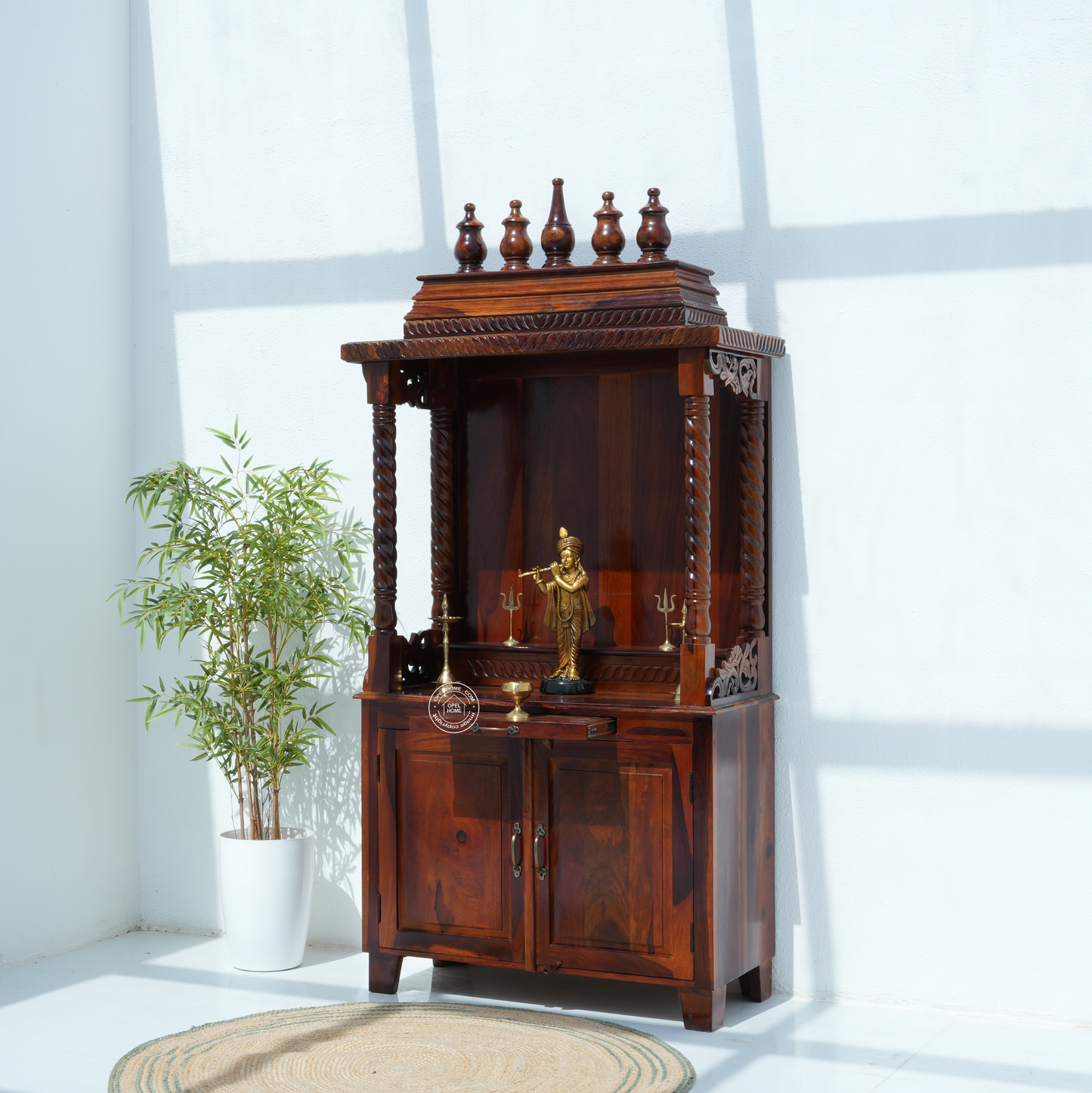 Grand Rose Wood Pooja Temple with 2 Doors | Honey Finish