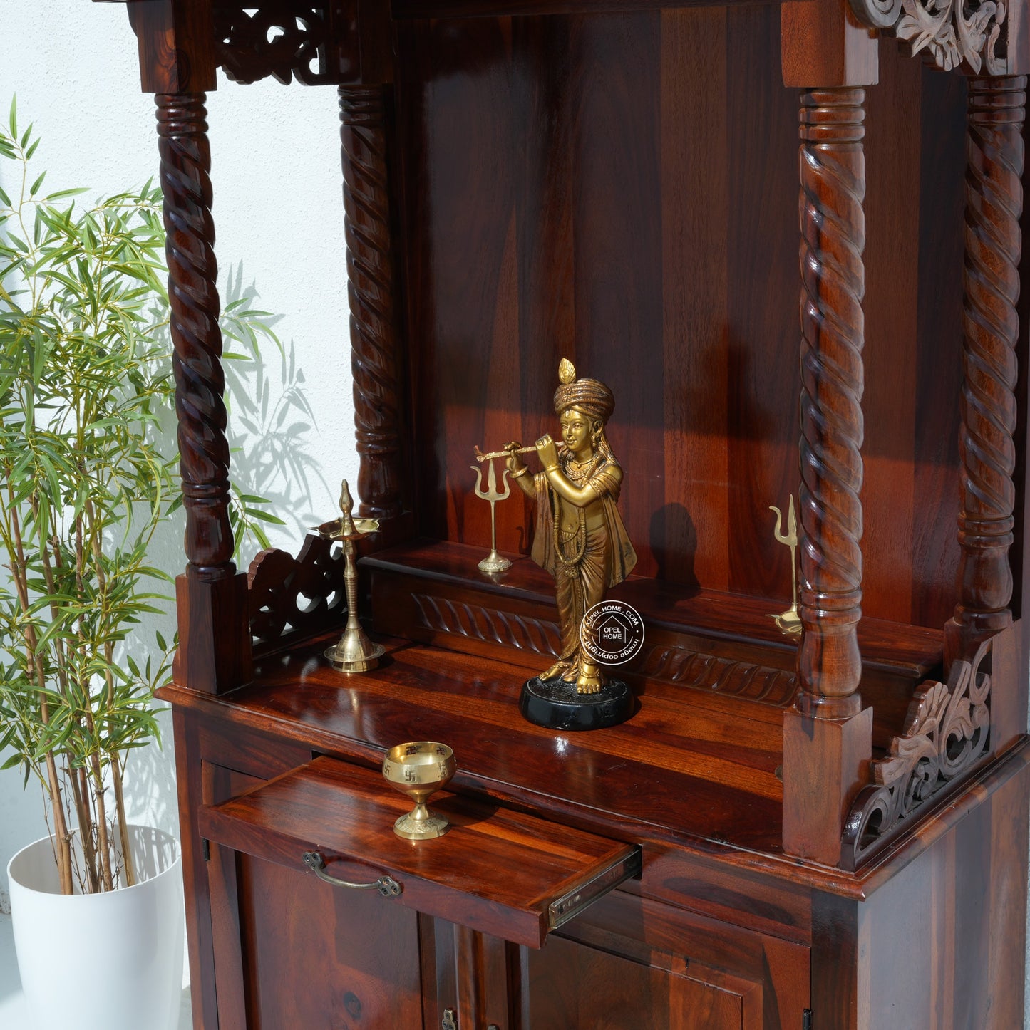 Grand Rose Wood Pooja Temple with 2 Doors | Honey Finish