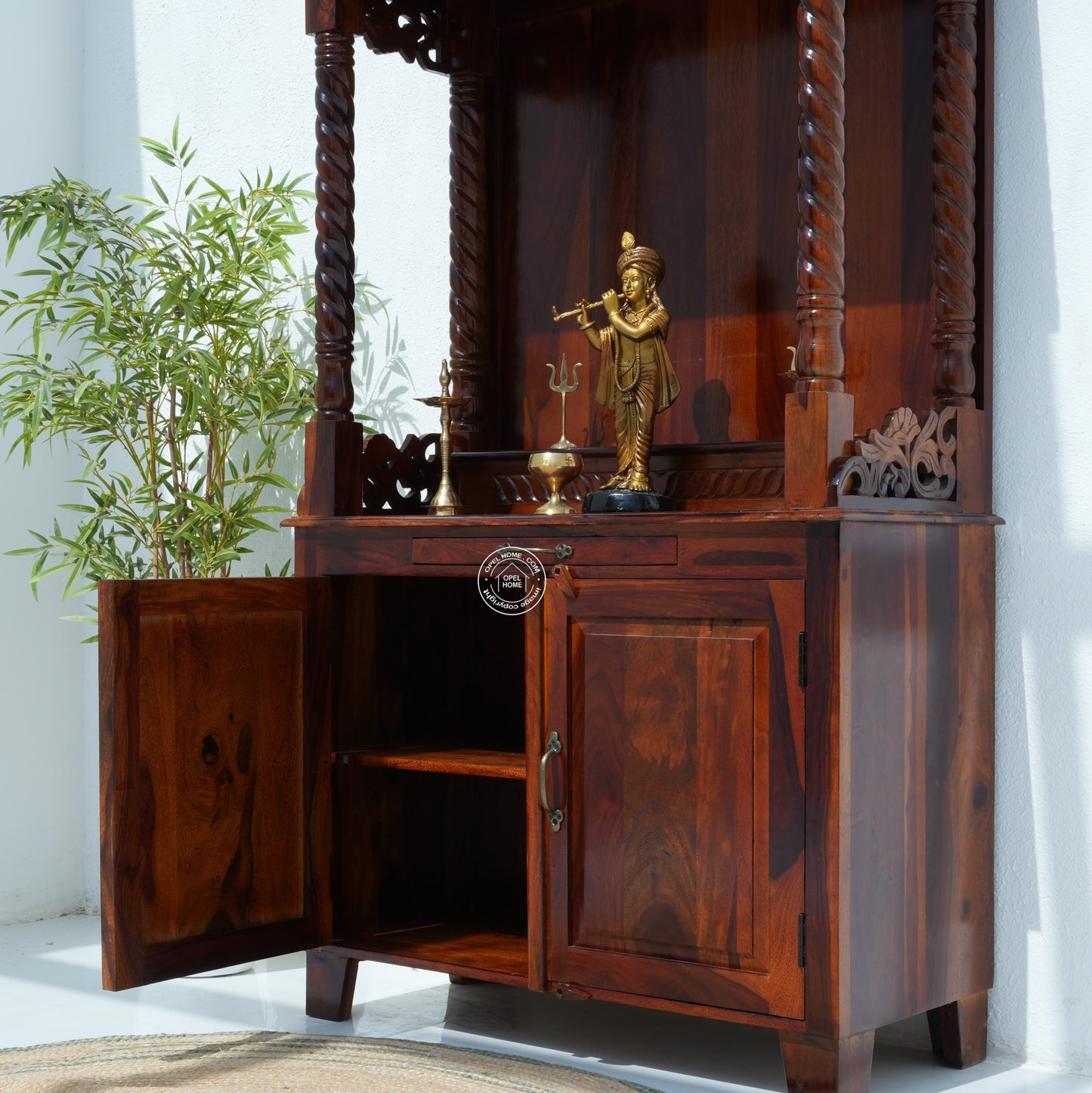 Grand Rose Wood Pooja Temple with 2 Doors | Honey Finish