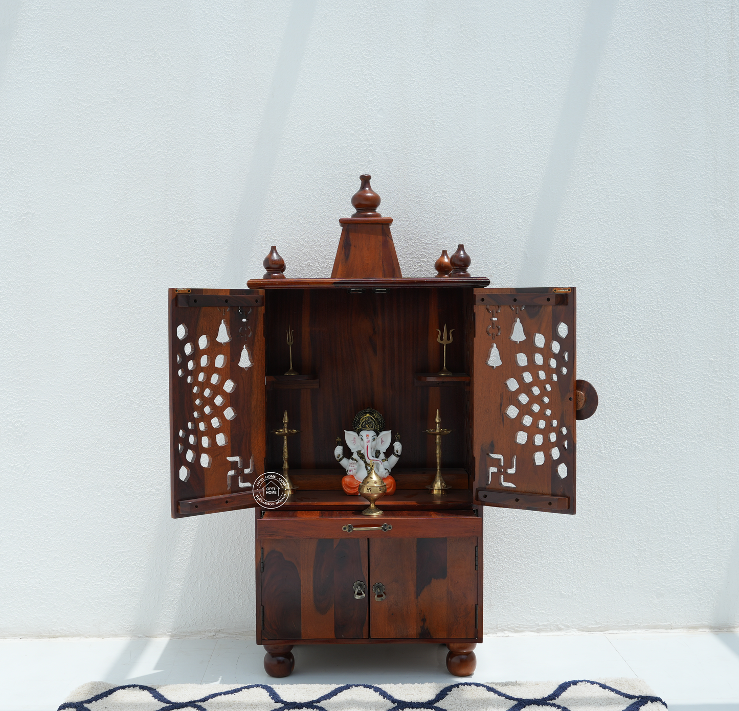 Rose Wood Home Temple with 4 Door Storage – Honey Finish