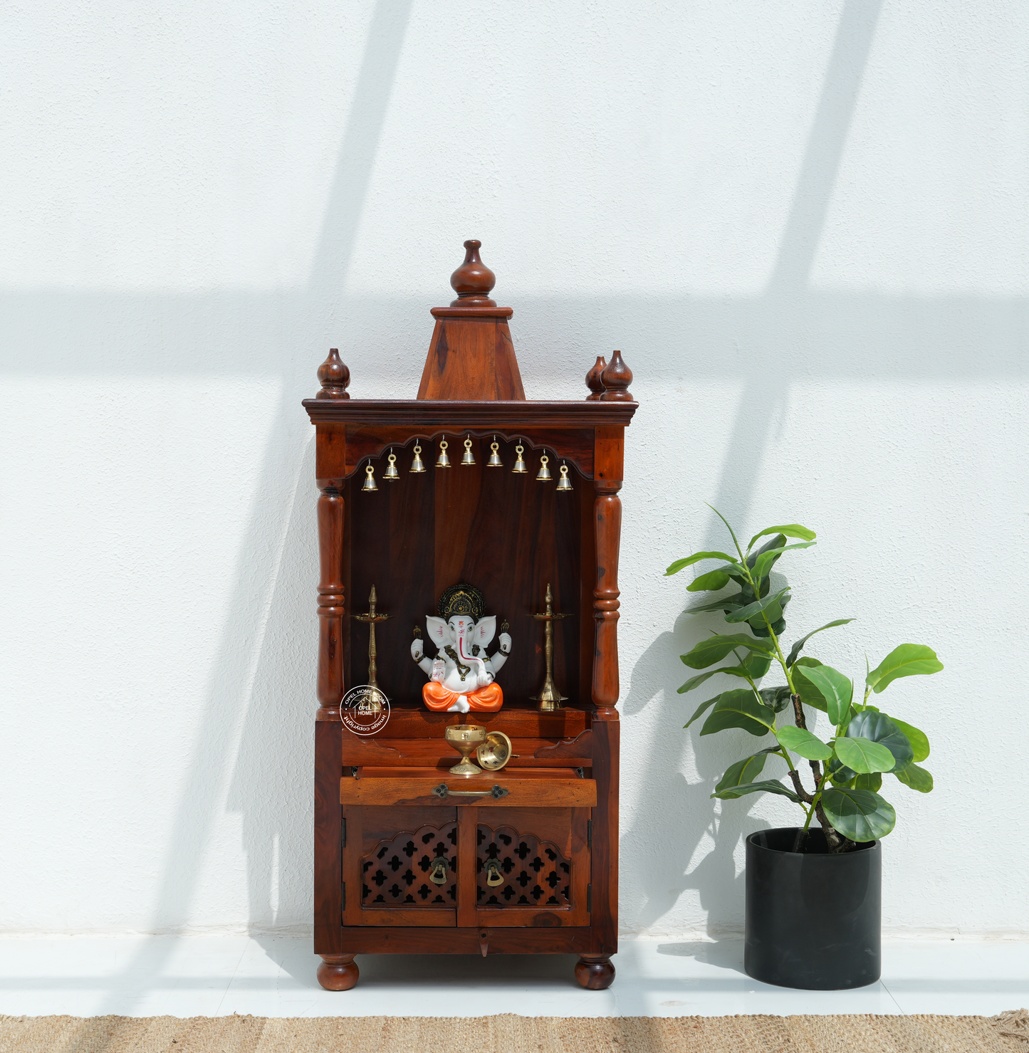 Home Temple | Dev Aangan Solid Rosewood Pooja Mandir with 2 Doors – Honey Finish