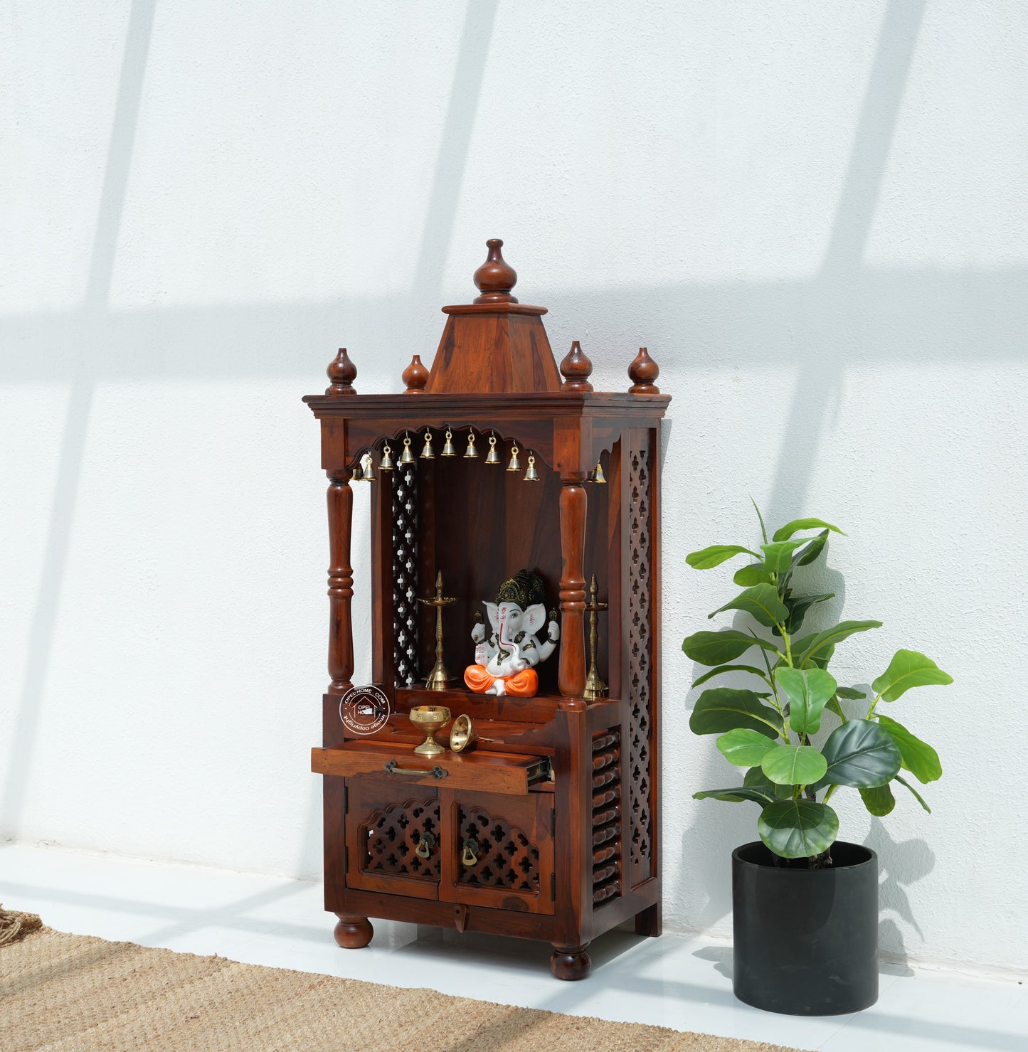 Home Temple | Dev Aangan Solid Rosewood Pooja Mandir with 2 Doors – Honey Finish