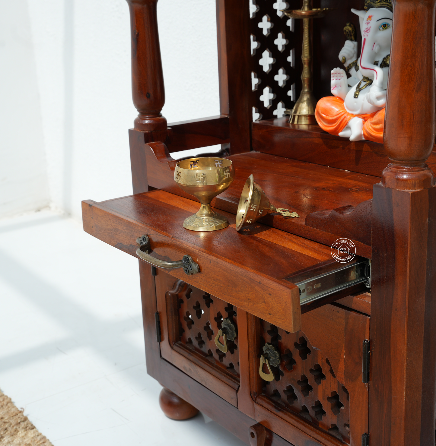 Home Temple | Dev Aangan Solid Rosewood Pooja Mandir with 2 Doors – Honey Finish