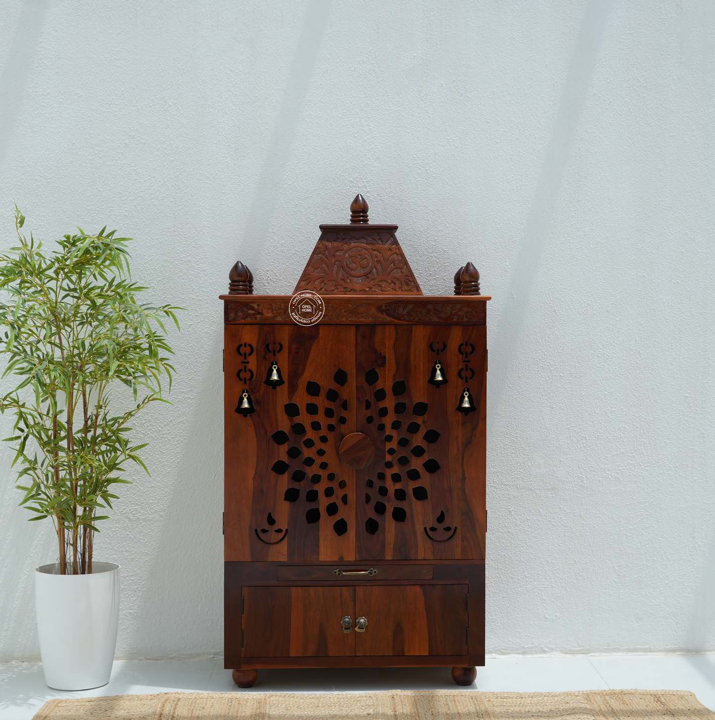 Rose Wood Home Temple with 4 Door Storage – Honey Finish