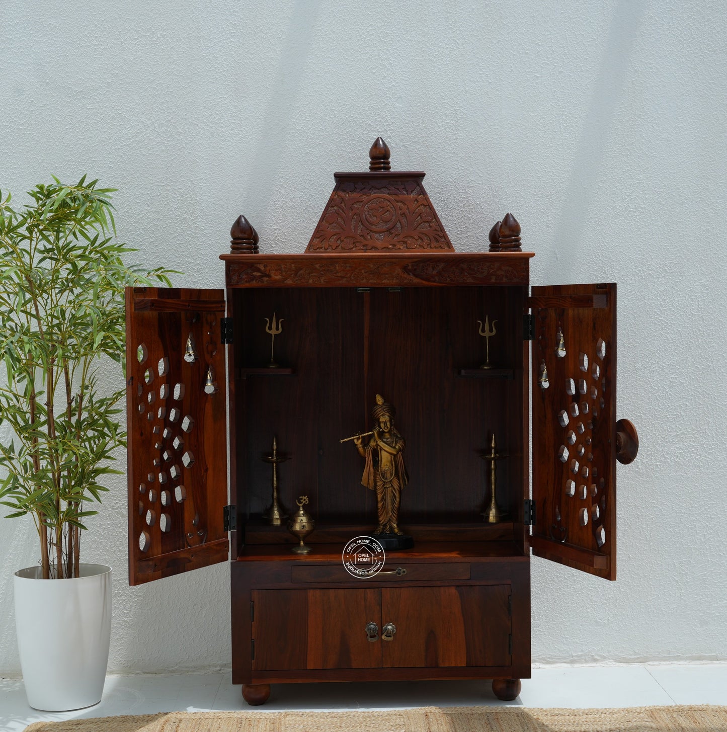 Rose Wood Home Temple with 4 Door Storage – Honey Finish