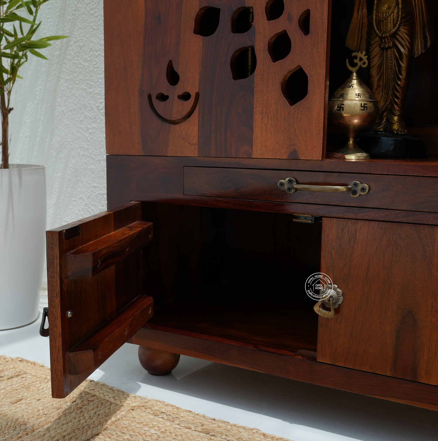 Rose Wood Home Temple with 4 Door Storage – Honey Finish