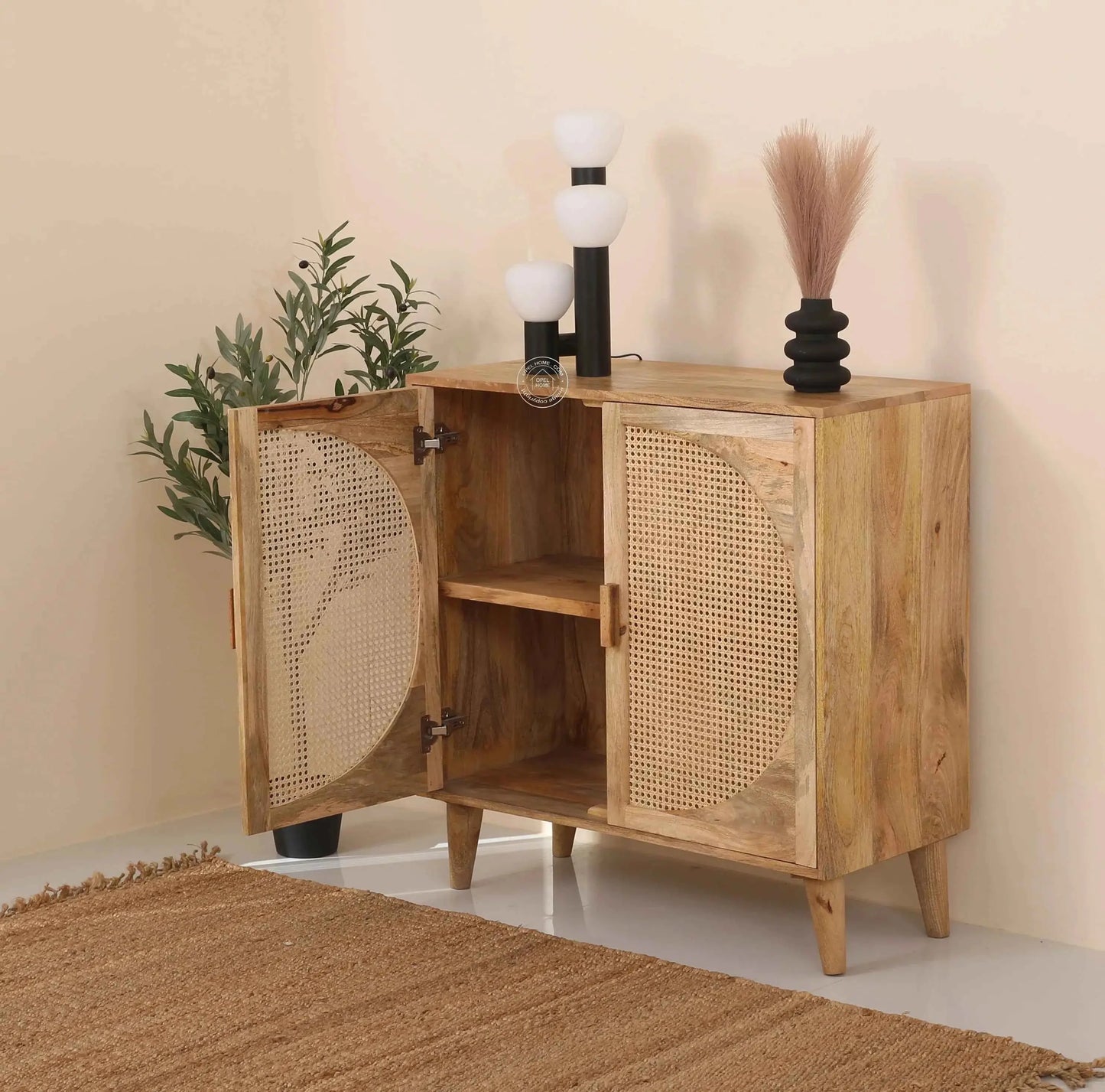 Daris Rattan Sideboard – 2 Doors, Solid Acacia Wood, Natural Finish | Opelhome UAE