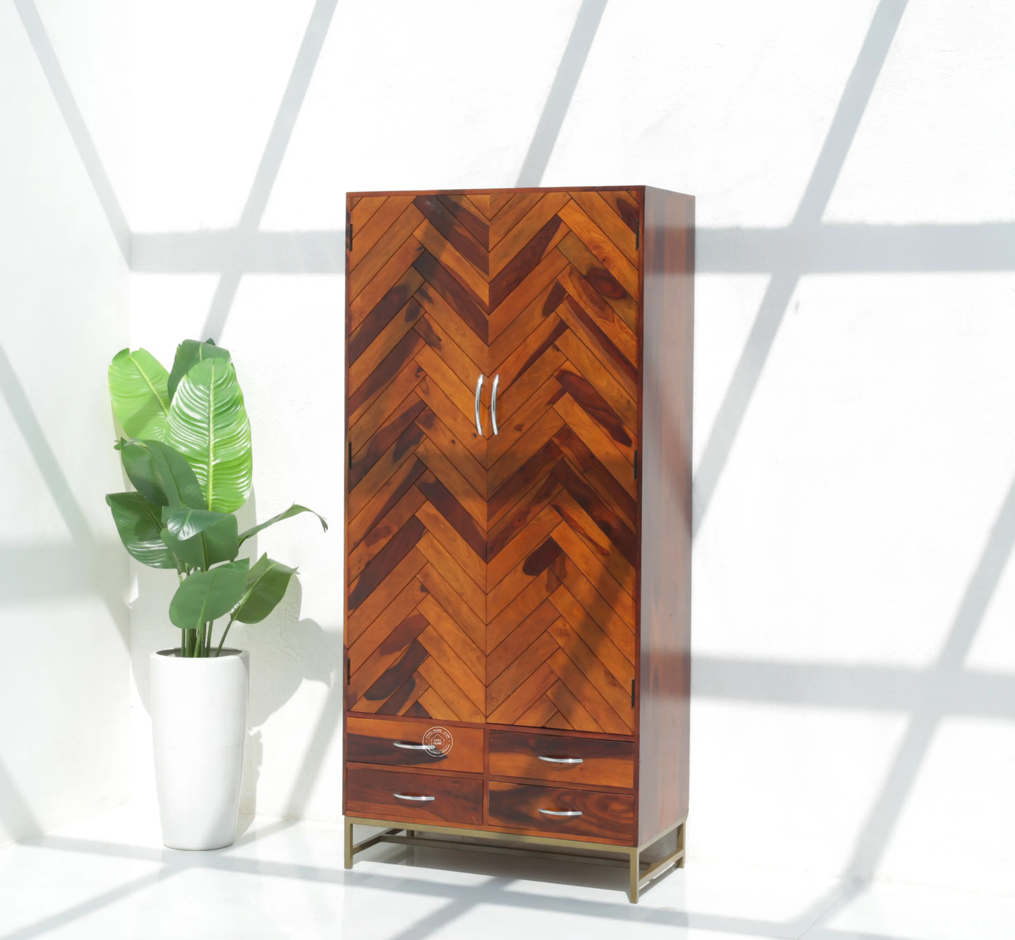 Desert Wood Slat Closet with Four Drawers – Solid Rose Wood, Honey Finish | Opelhome UAE - Opelhome