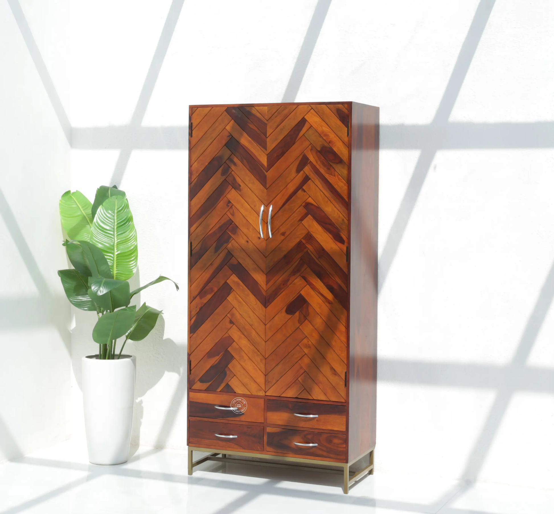 Desert Wood Slat Closet with Four Drawers – Solid Rose Wood, Honey Finish | Opelhome UAE - Opelhome