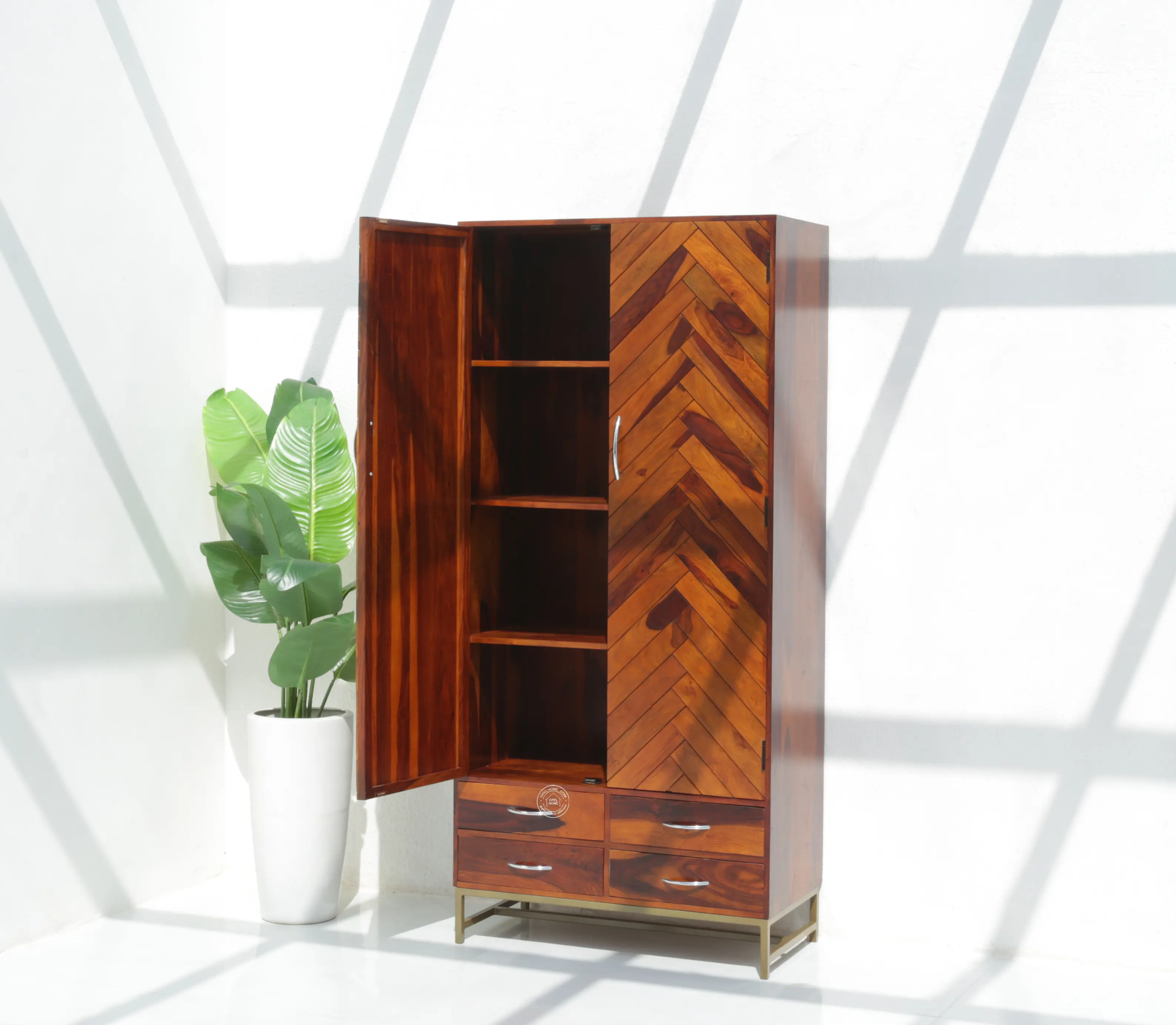 Desert Wood Slat Closet with Four Drawers – Solid Rose Wood, Honey Finish | Opelhome UAE - Opelhome