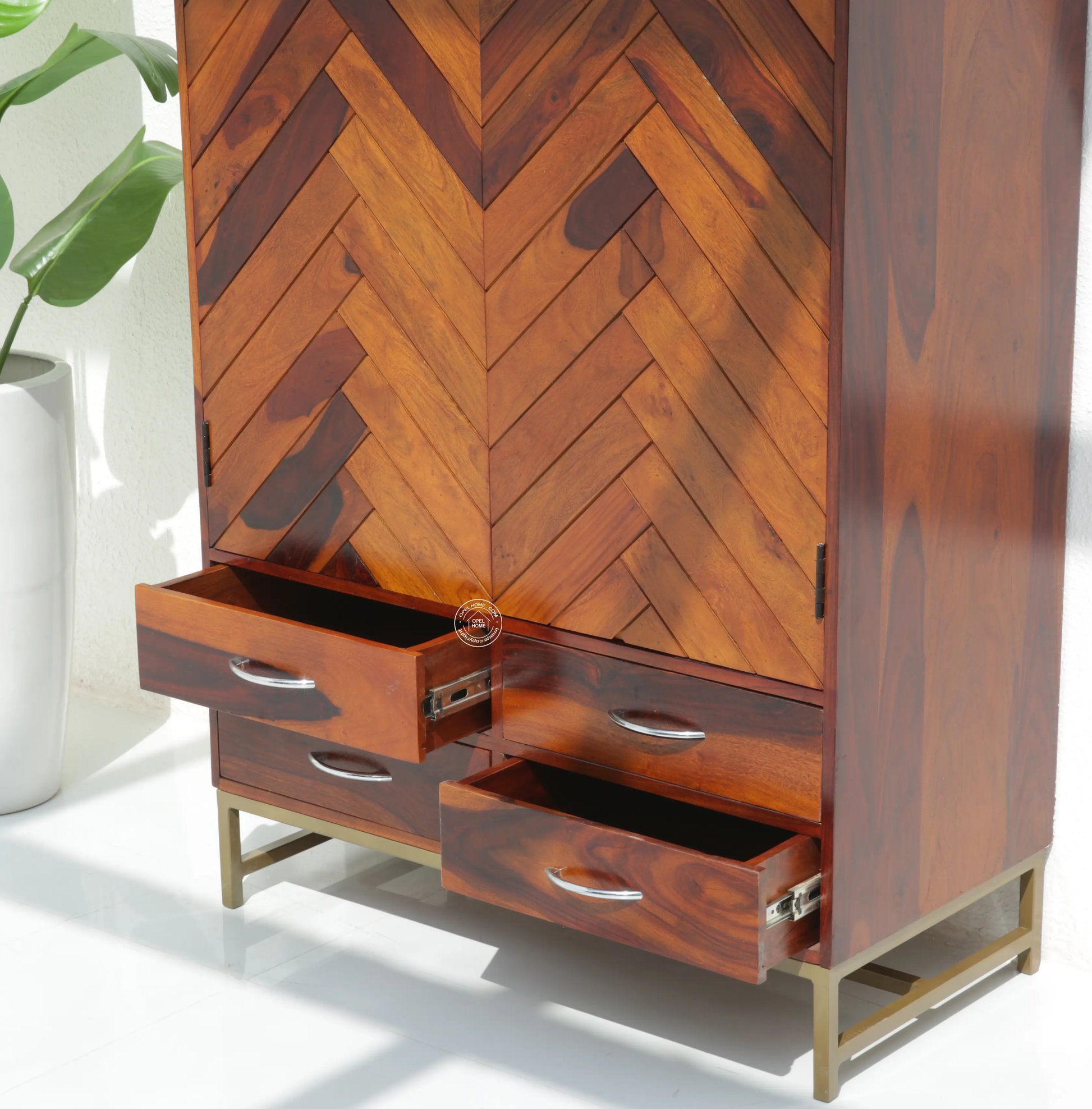 Desert Wood Slat Closet with Four Drawers – Solid Rose Wood, Honey Finish | Opelhome UAE - Opelhome