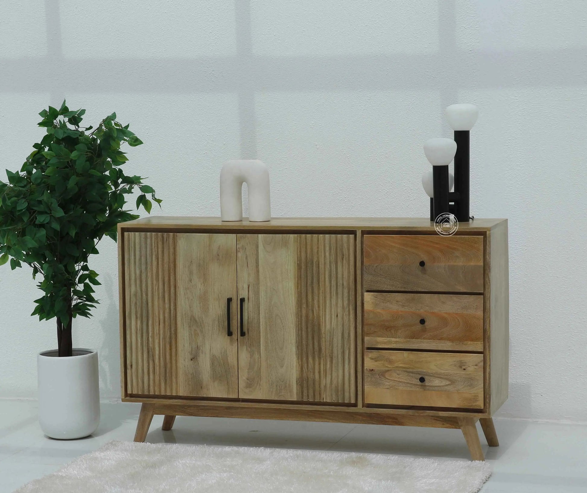 Dorcus Wooden Sideboard – 3 Drawers, 2 Doors, Solid Mango Wood, Natural Finish | Opelhome UAE