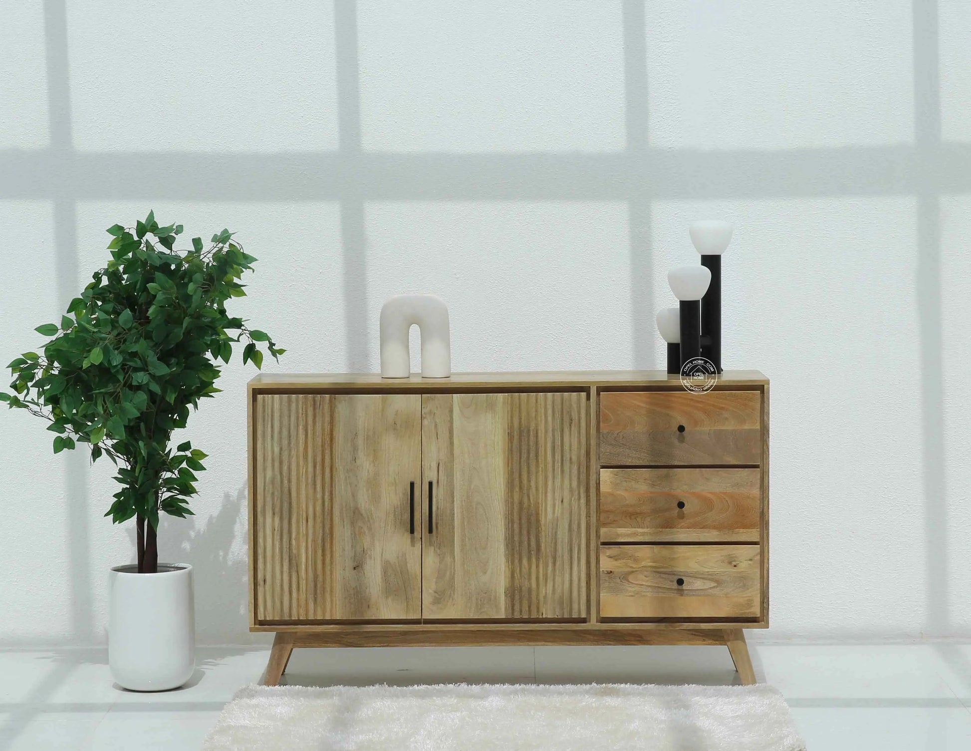 Dorcus Wooden Sideboard – 3 Drawers, 2 Doors, Solid Mango Wood, Natural Finish | Opelhome UAE
