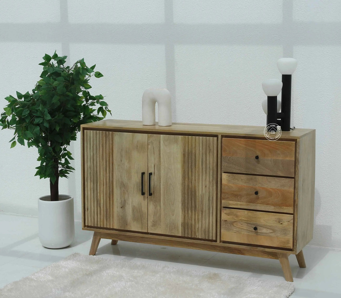 Dorcus Wooden Sideboard – 3 Drawers, 2 Doors, Solid Mango Wood, Natural Finish | Opelhome UAE
