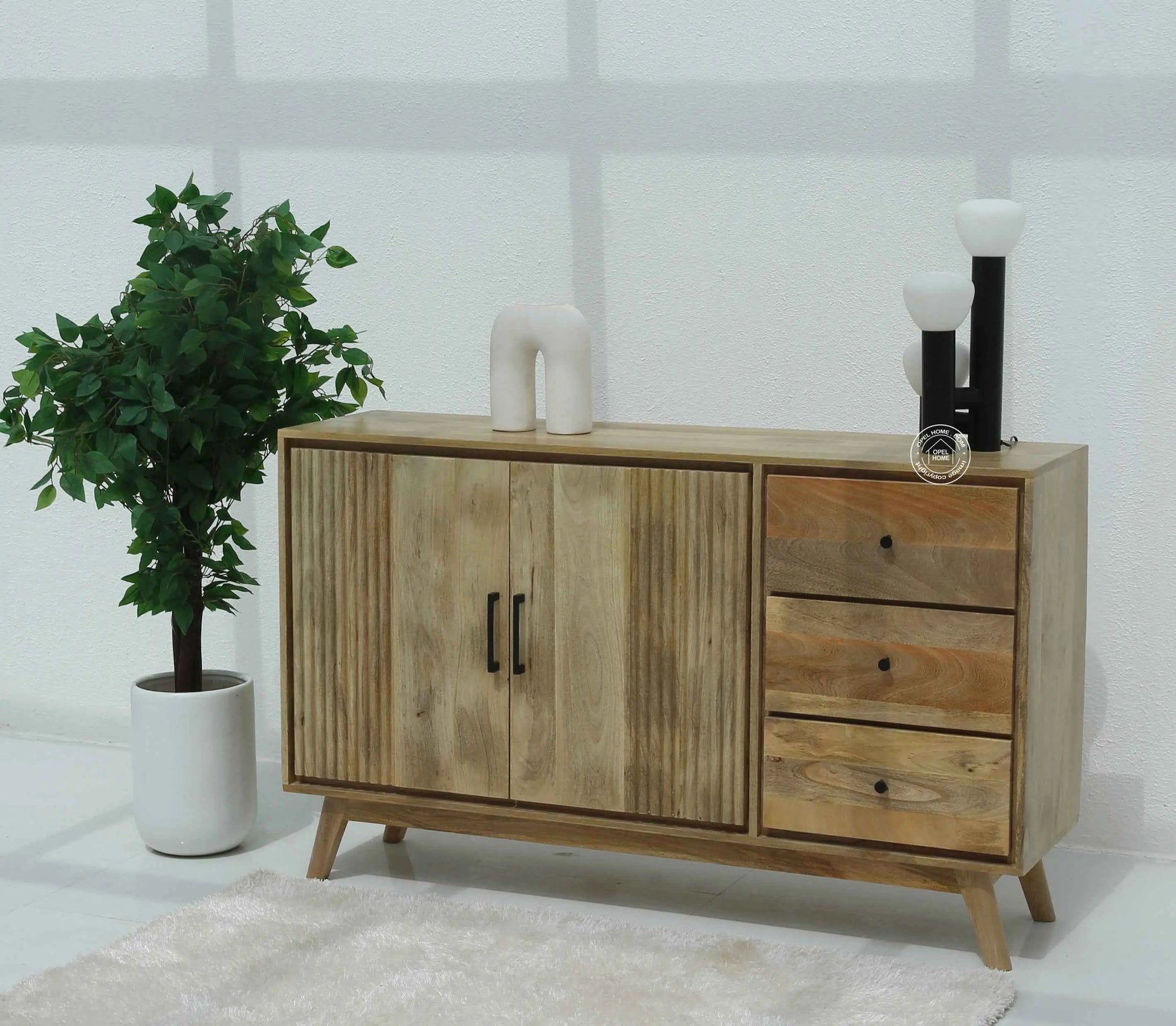 Dorcus Wooden Sideboard – 3 Drawers, 2 Doors, Solid Mango Wood, Natural Finish | Opelhome UAE