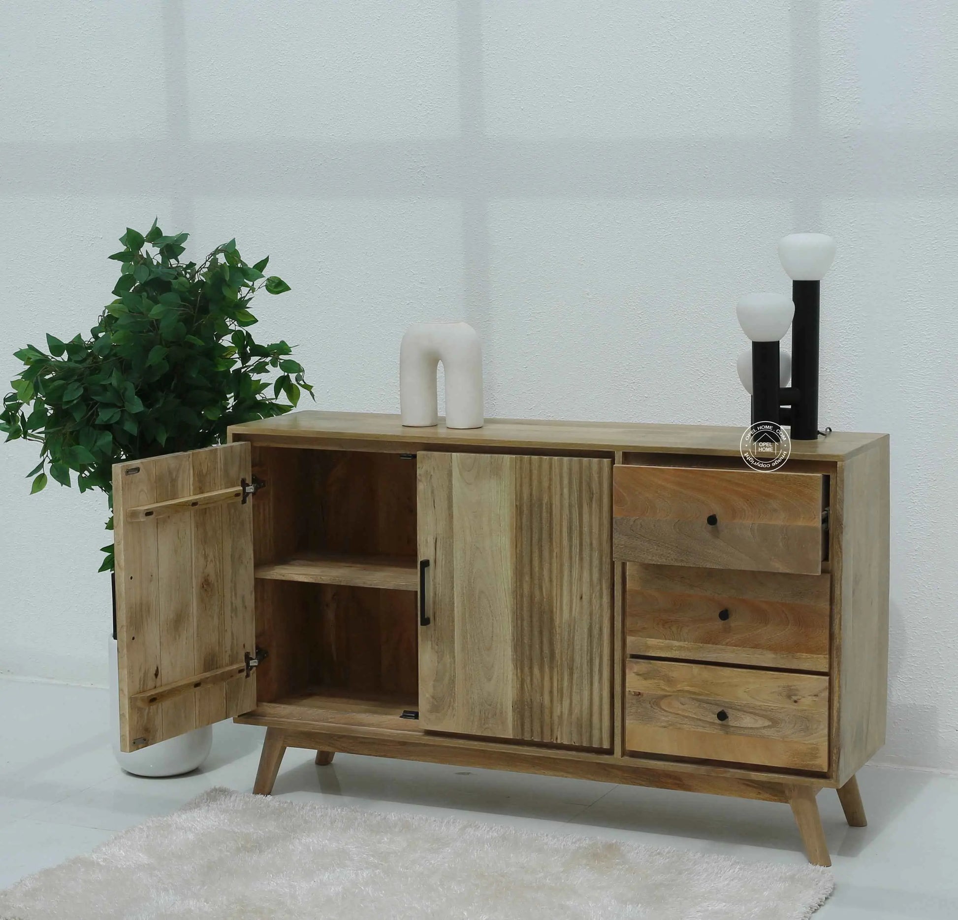 Dorcus Wooden Sideboard – 3 Drawers, 2 Doors, Solid Mango Wood, Natural Finish | Opelhome UAE