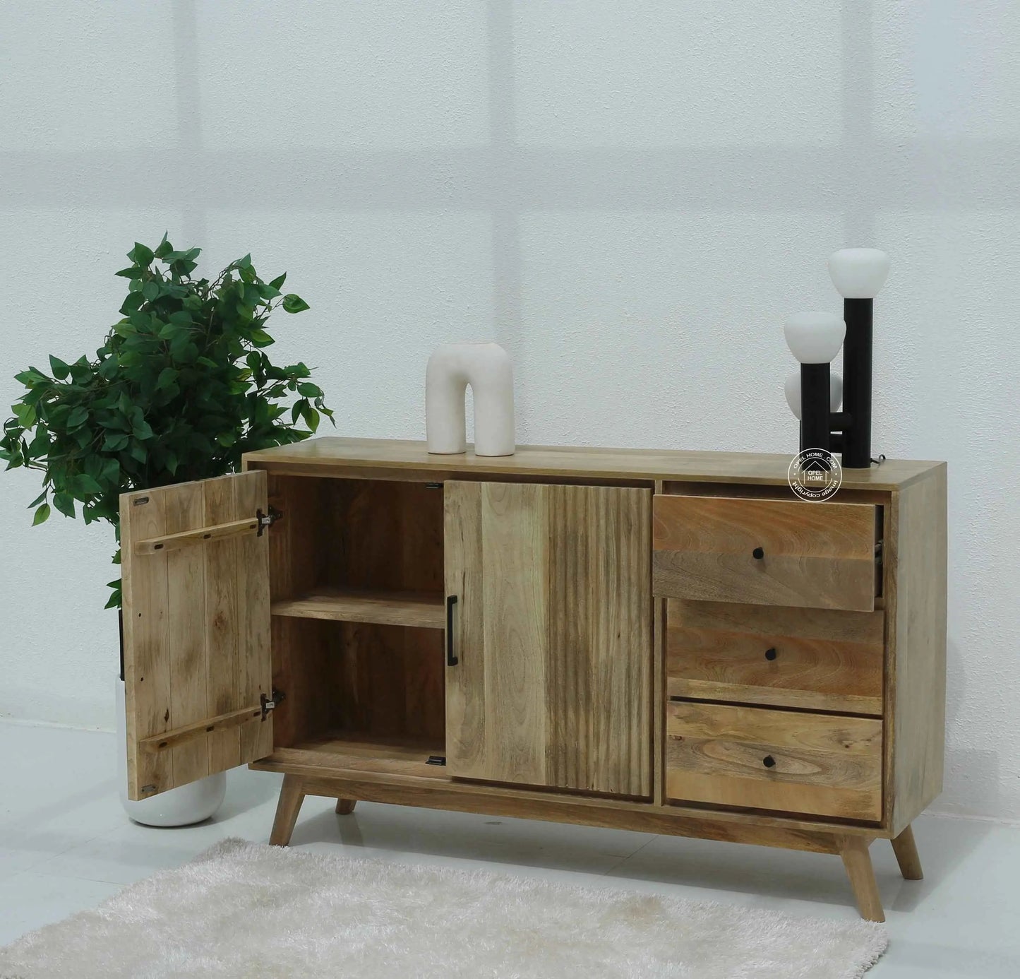 Dorcus Wooden Sideboard – 3 Drawers, 2 Doors, Solid Mango Wood, Natural Finish | Opelhome UAE