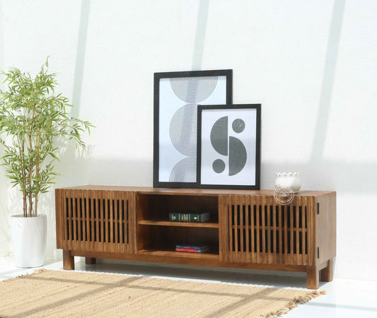Duddy Wooden TV Unit – Solid Mango Wood, Honey Finish | Opelhome UAE