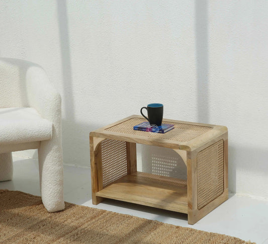 Eclipse Rattan Side Table – Solid Mango Wood, Natural Finish | Opelhome UAE
