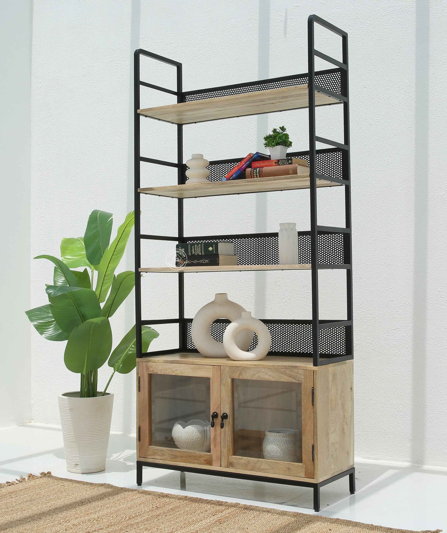 Edgecarve Industrial Wooden Bookcase – Solid Mango Wood & Iron, 197 cm | Opelhome UAE