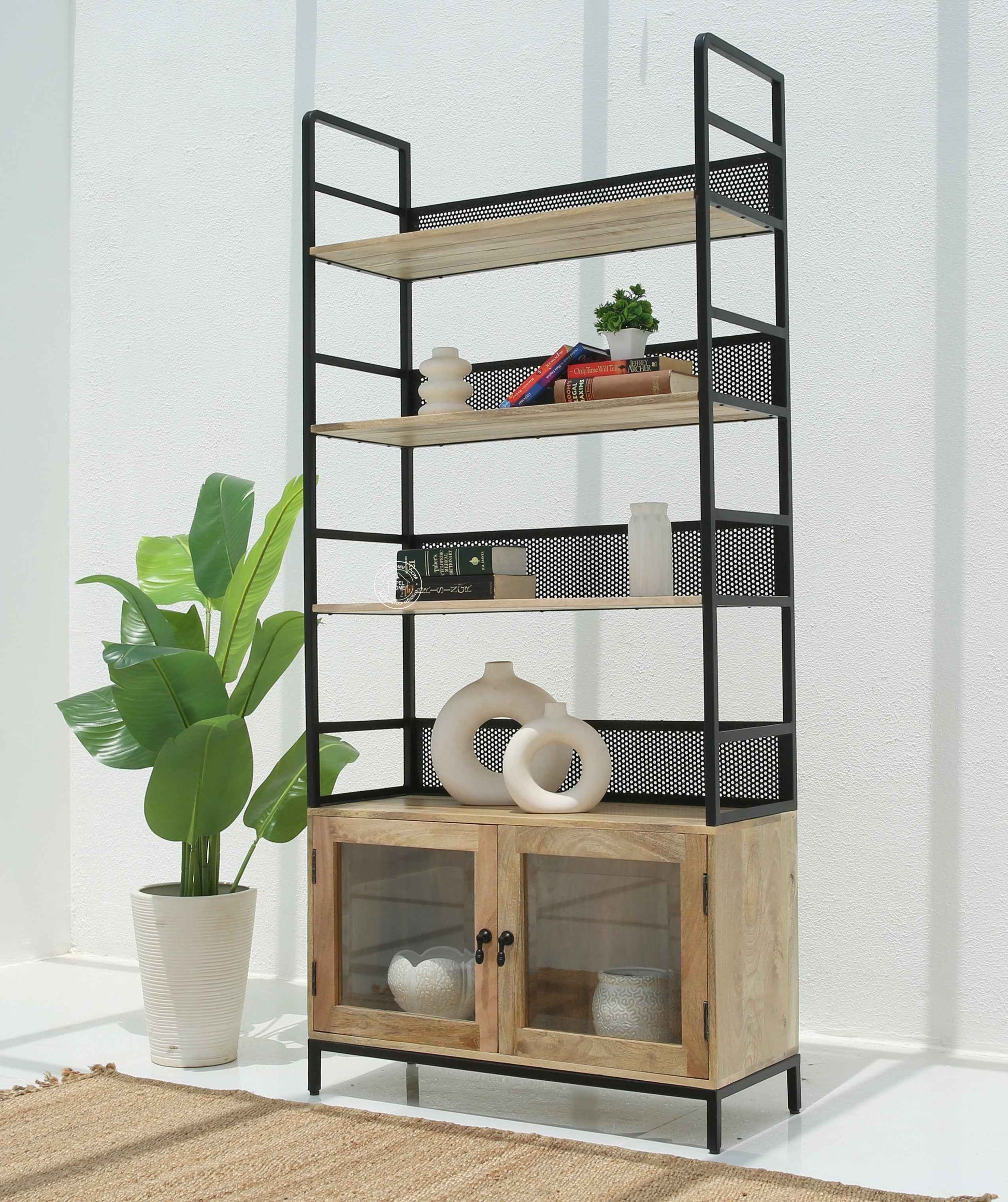 Edgecarve Industrial Wooden Bookcase – Solid Mango Wood & Iron, 197 cm | Opelhome UAE