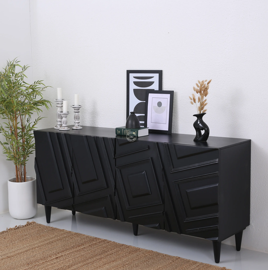 Elegant Black Sideboard – 4 Doors, Solid Mango Wood, Black Finish | Opelhome UAE
