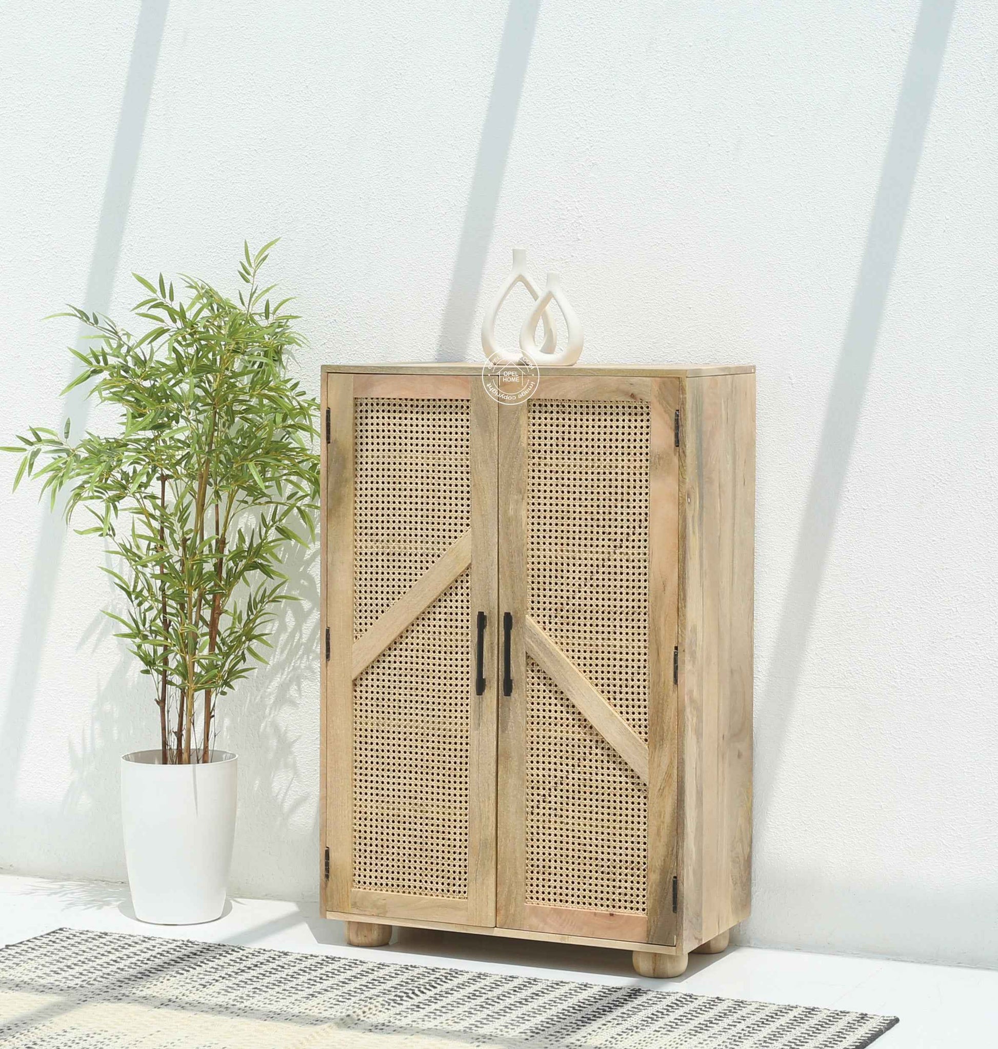 Elmora Rattan Shoe Rack – Solid Mango Wood, Natural Finish, Hallway Storage | Opelhome UAE