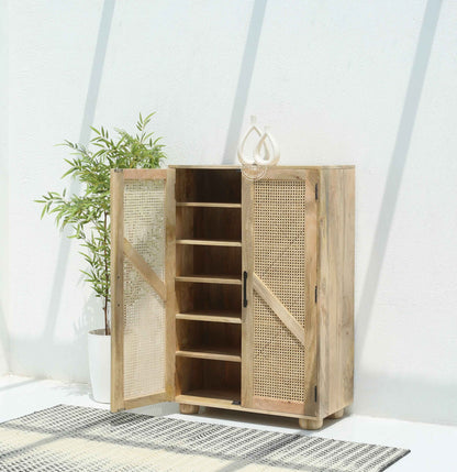 Elmora Rattan Shoe Rack – Solid Mango Wood, Natural Finish, Hallway Storage | Opelhome UAE